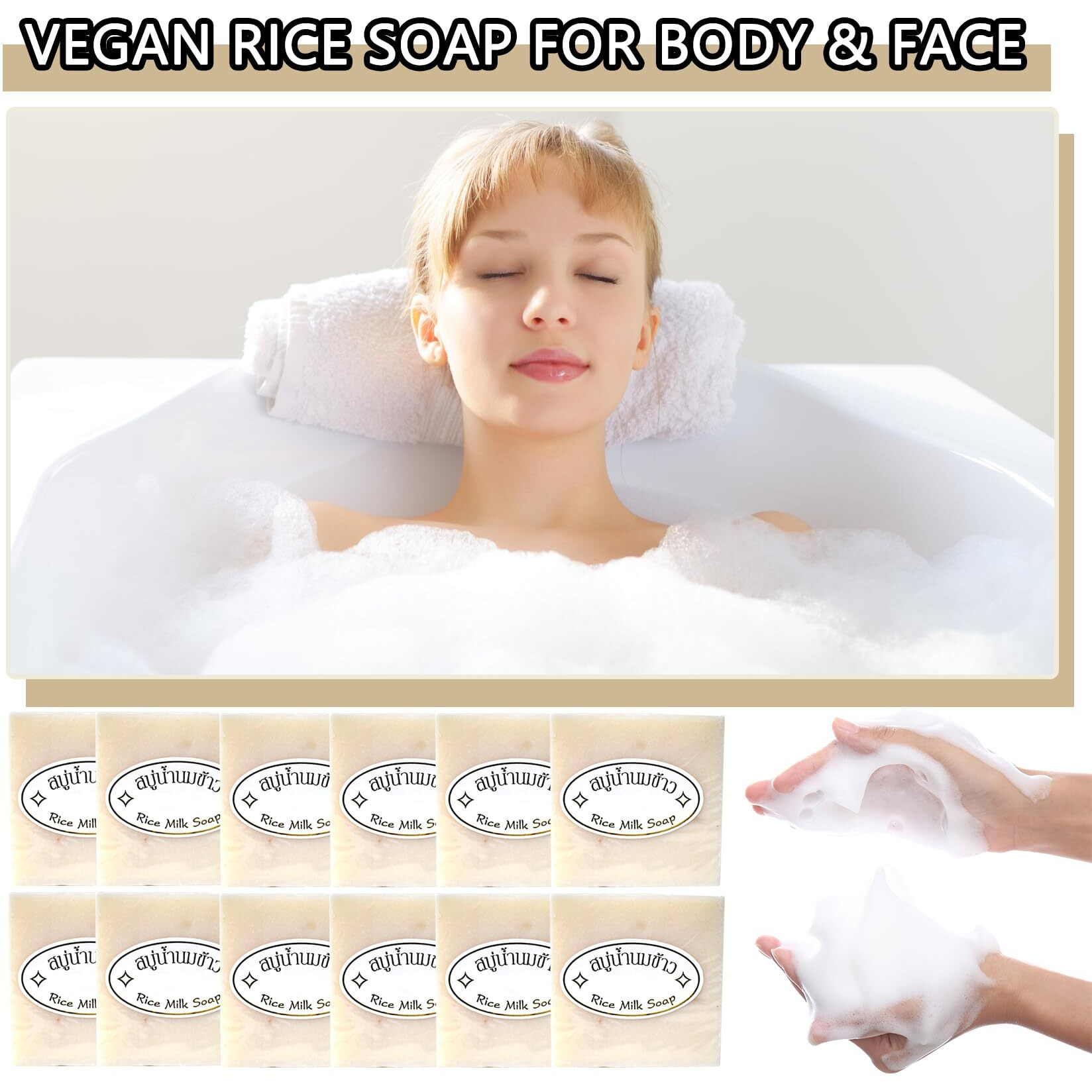Ljybobin 12Pcs Vegan Rice Soap For Body & Face,Gentle Long-Lasting Moisturizing Rice Milk Soap For All Skin Type,Deep Cleaning Rice Handmade Soap Bar For Men & Women