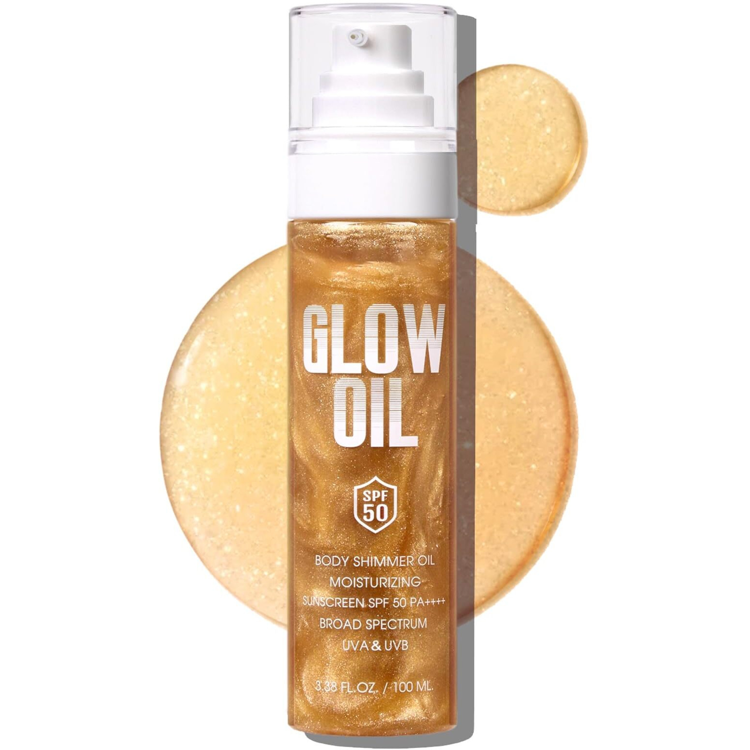 Body Glow OilSpf 50 Broad SpectrumLightweight Non-StickyMoisturizerSunscreen Body Oil With Gold Mica, Water Resistant, Glow Moisturizing Coconut, 3.38 Fl Oz (01 Amber)