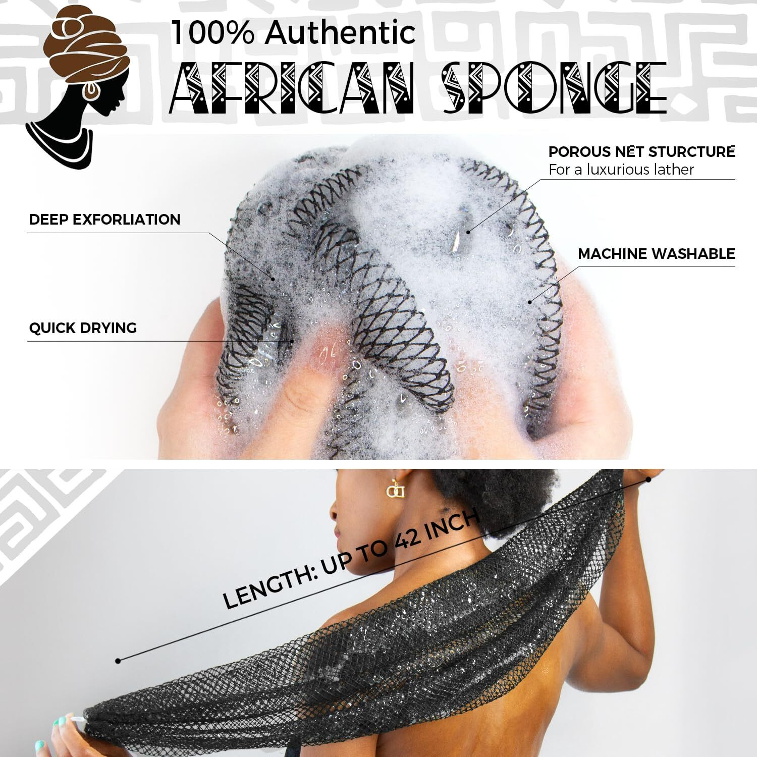 African Net Sponge Authentic - Exfoliating Back Scrub Bath Sponge With Knots - Afro Scrub Body Scrubber Exfoliator Washcloth - African Body Care Daily Use Shower Essentials