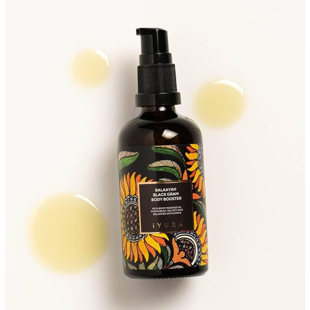 Iyura Balaayah Black Gram Body Booster Oil | Ayurvedic Massage & Moisturizing Body Oil | Indulging Aroma Of Vanilla & Frankincense | Luxurious, Fast-Absorbing & Non-Sticky | 3.38 Fl Oz