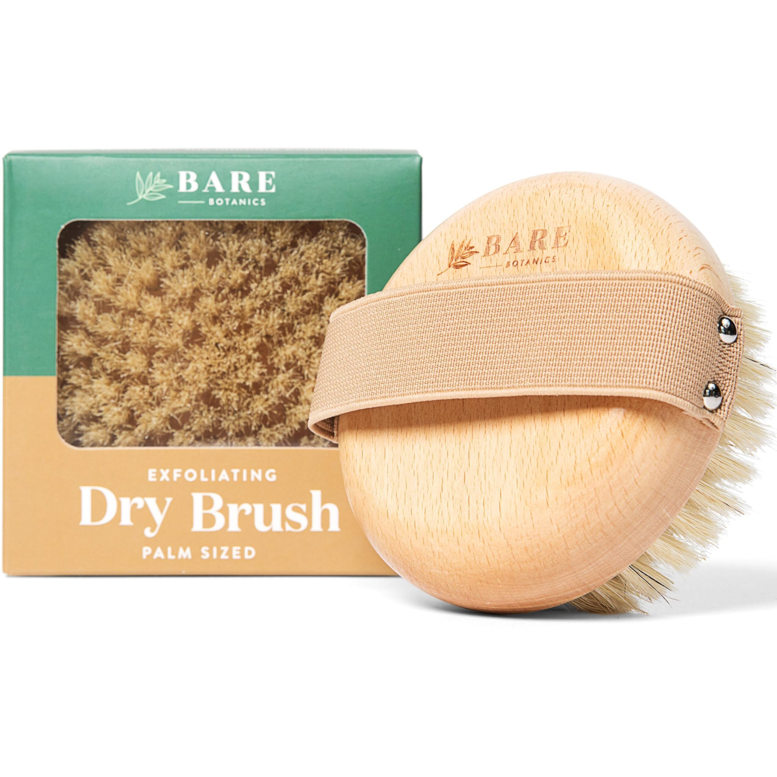 Bare Botanics Dry Body Brush For Lymphatic Drainage - Improve Circulation W/Gentle Exfoliation For Soft Skin - Ergonomically Designed W/Elastic Strap - Soft But Firm Natural Boar Bristles