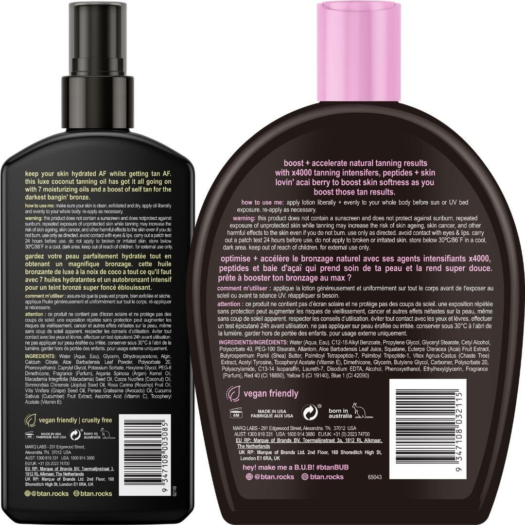 B.Tan Tanning Oil & Uv Tan Bed Lotion Kit | Best Dark Sun Tanner Bundle - Fast, Tinted, Indoor Outdoor Browning Accelerator Cream & Dark Bronzing Spray, Body Tan Extender, No Suntan Protection