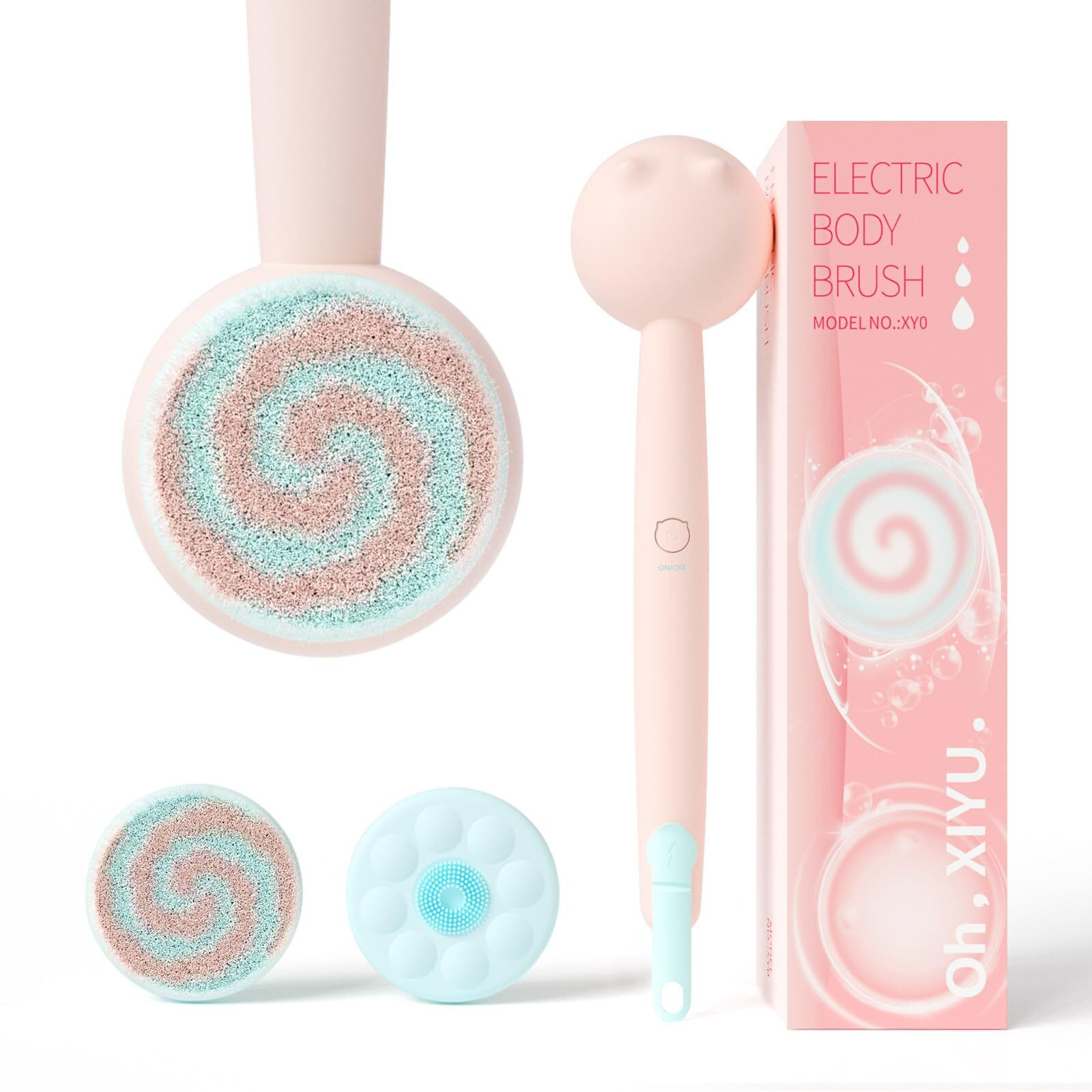 Oh,Xiyu. Electric Back Scrubber For Shower Body Brush, Waterproof Automatic Body Scrubber For Cleansing, Massaging And Exfoliating, Spinning Bath Brush With 2 Heads & 3 Speed Modes, Berry Pink