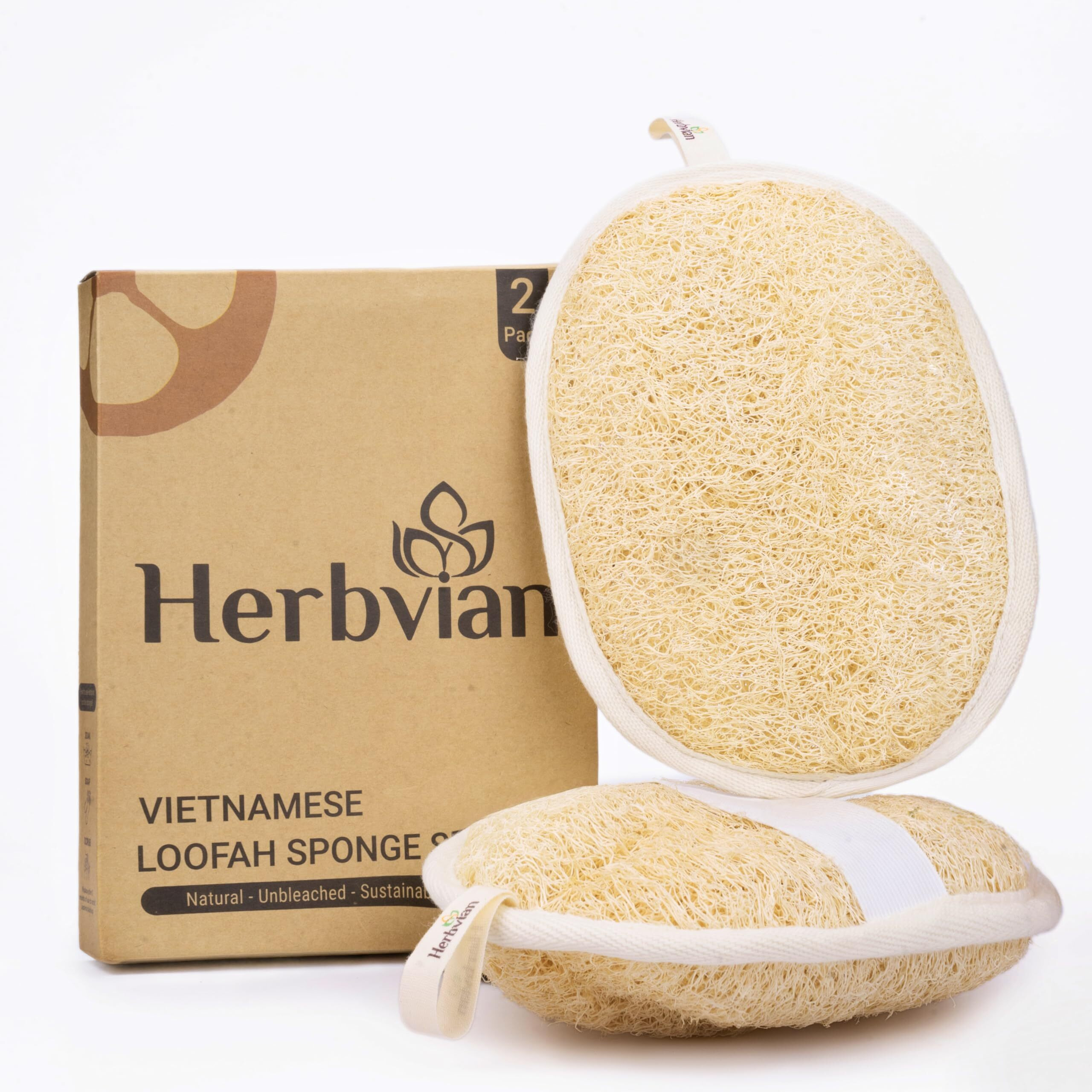 Herbvian Vietnamese Natural Loofah Exfoliating Body Scrubber Pads, 100% Plant-Based Shower Luffa Sponge, Bath Loofah For Women Men, 2-Pack