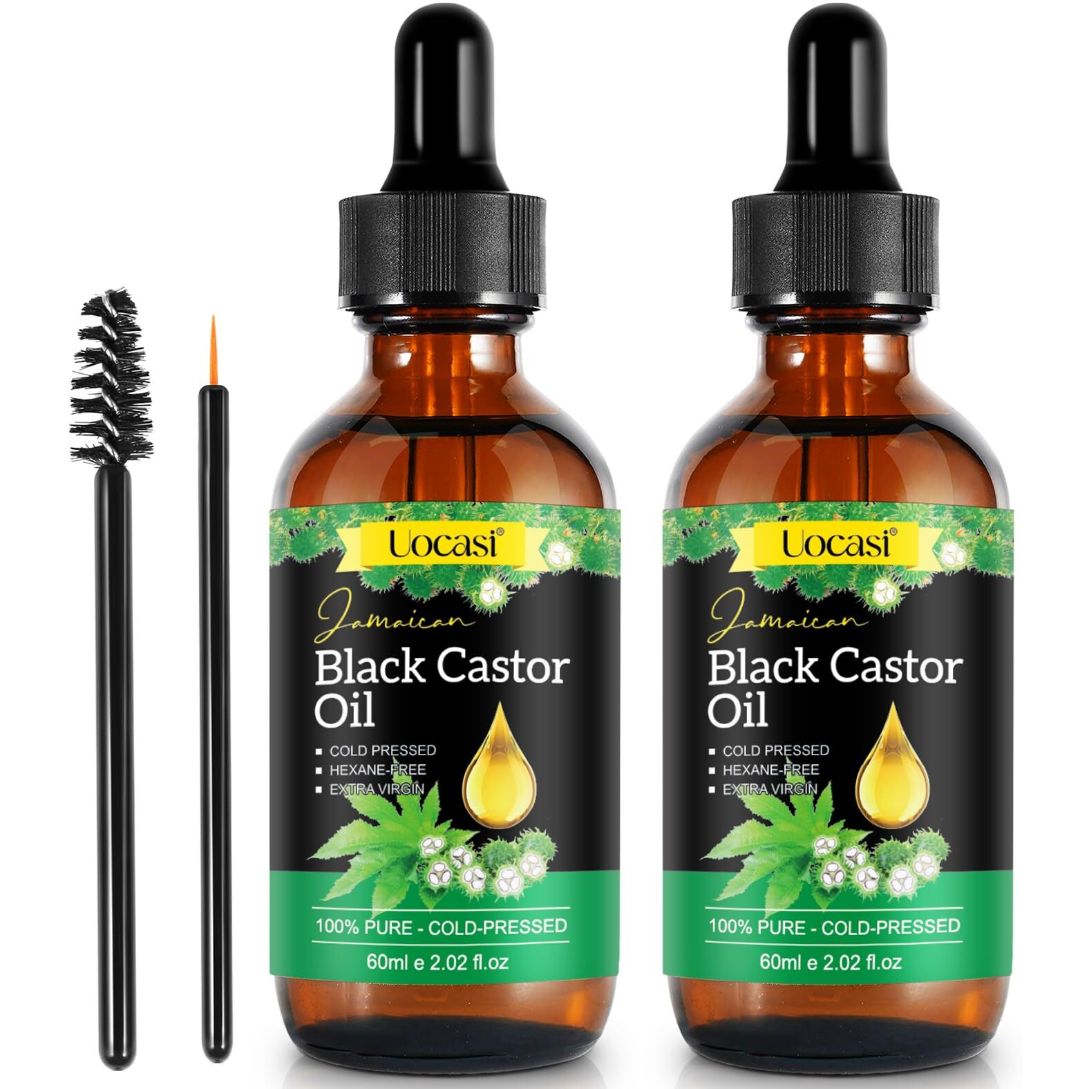 Uocasi 2Pack Jamaican Black Castor Oil, 100% Pure Cold Pressed In Glass Bottles, Body Massage, Hair Growth, Eyebrow Nourishment, 4.04 Oz