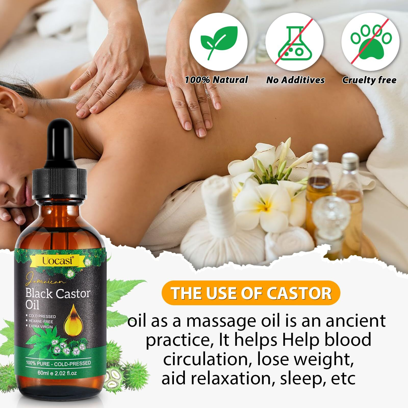 Uocasi 2Pack Jamaican Black Castor Oil, 100% Pure Cold Pressed In Glass Bottles, Body Massage, Hair Growth, Eyebrow Nourishment, 4.04 Oz