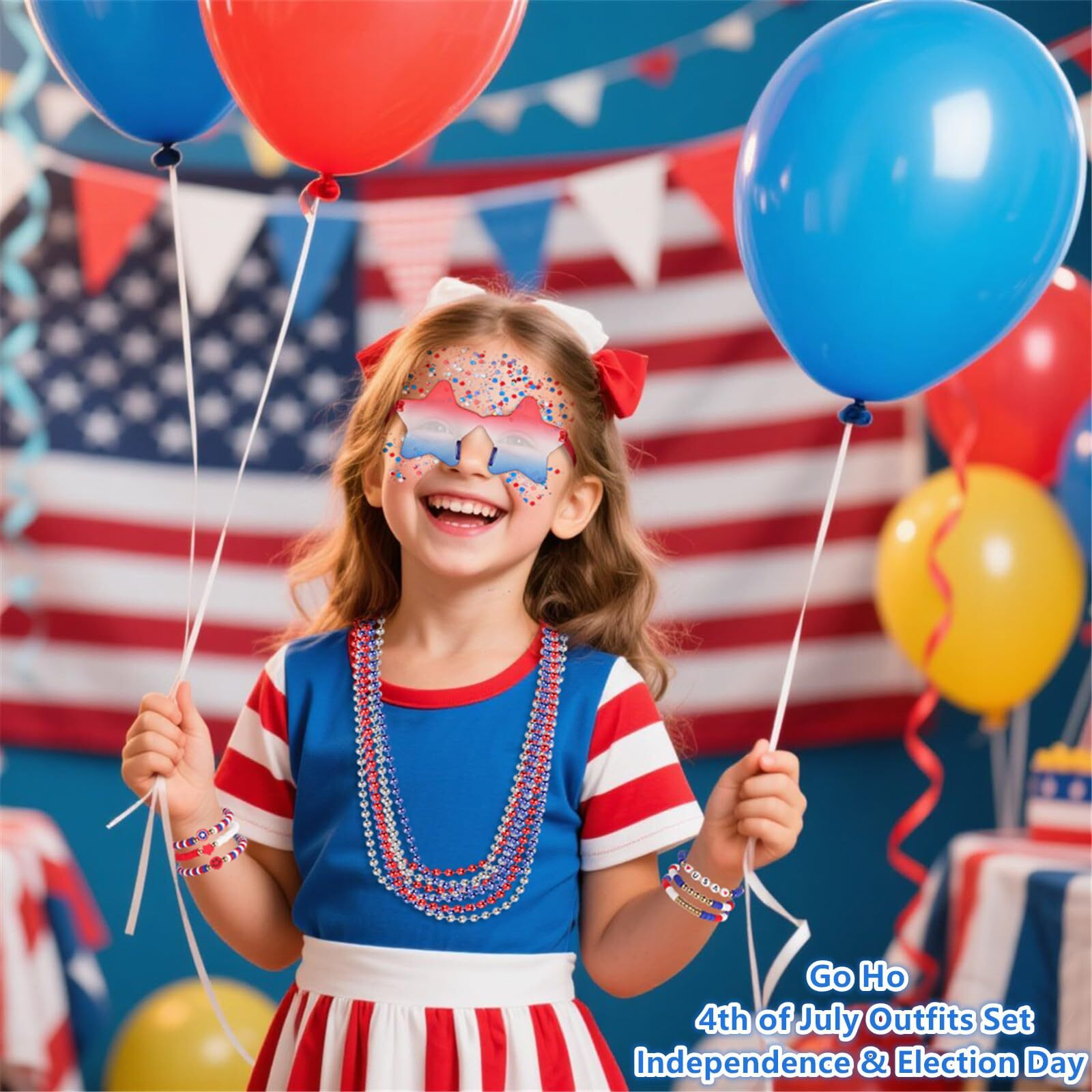 Go Ho 4Th Of July Outfits For Women,Red White And Blue Face Body Glitter,9Pc Necklaces,3Pc Star Glasses And 6Pc Patriotic Bracelets,4Th Of July Accessories,Fourth Of July Decorations Favors Set