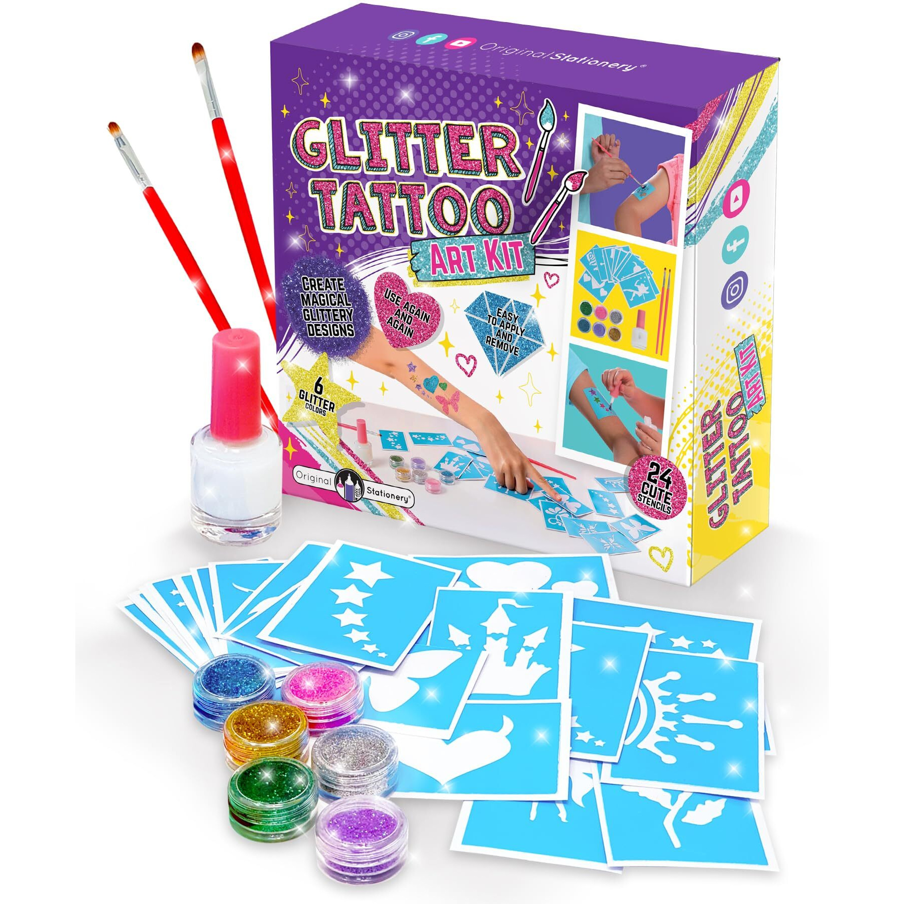 Original Stationery 33-Piece Glitter Tattoos Set, Face And Skin-Friendly With 24 Stencil Designs, 6 Colorful Cosmetic Glitters, 2 Brushes And Body Adhesive, Easter Sleepover Party Supplies For Girls