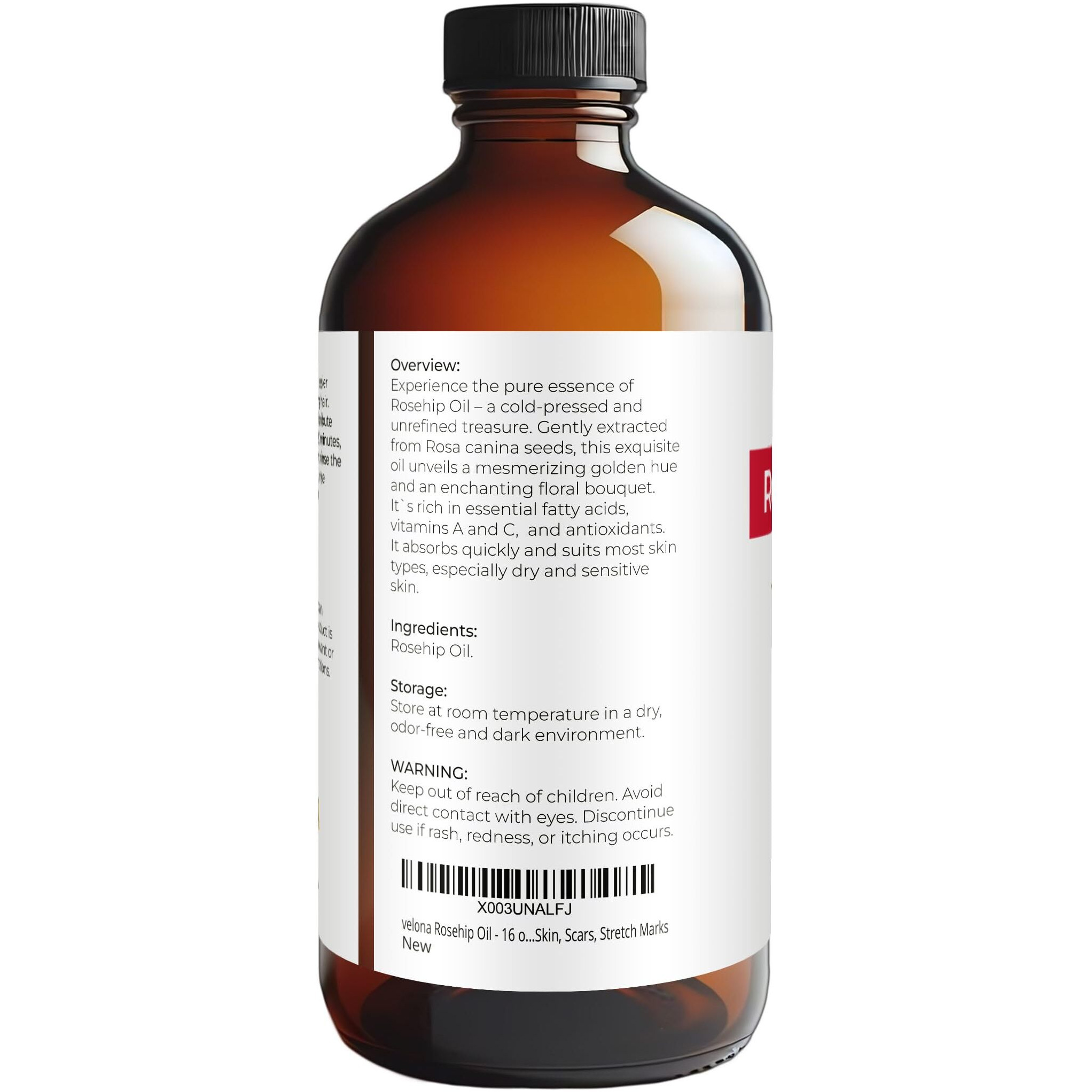 Velona Rosehip Oil - 16 Fl Oz In Glass Bottle | 100% Pure And Natural Carrier Oil| Unrefined, Cold Pressed, Hexane Free | Moisturizing Face, Hair, Body, Skin Care, Stretch Marks, Scars