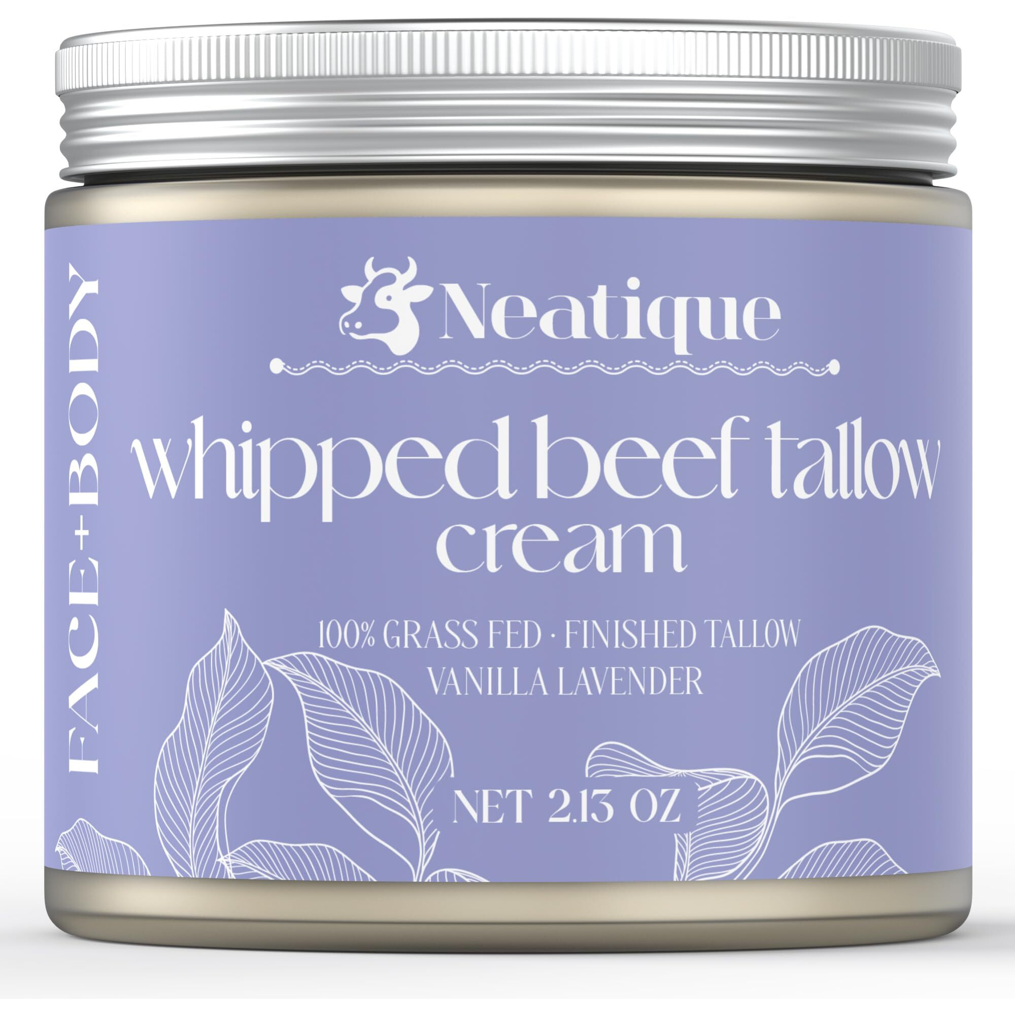 Neatique 100% Grass Fed Beef Tallow For Skin Care Face & Body | Whipped Moisturizer For Skin | With Organic Beeswax & Organic Honey Balm | All Natural Formula, 2.13Oz (2.13 Ounce, Lavender)