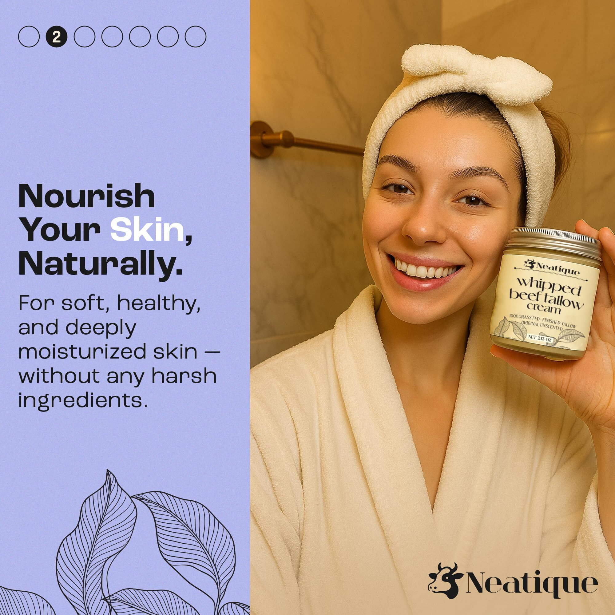 Neatique 100% Grass Fed Beef Tallow For Skin Care Face & Body | Whipped Moisturizer For Skin | With Organic Beeswax & Organic Honey Balm | All Natural Formula, 2.13Oz (2.13 Ounce, Lavender)