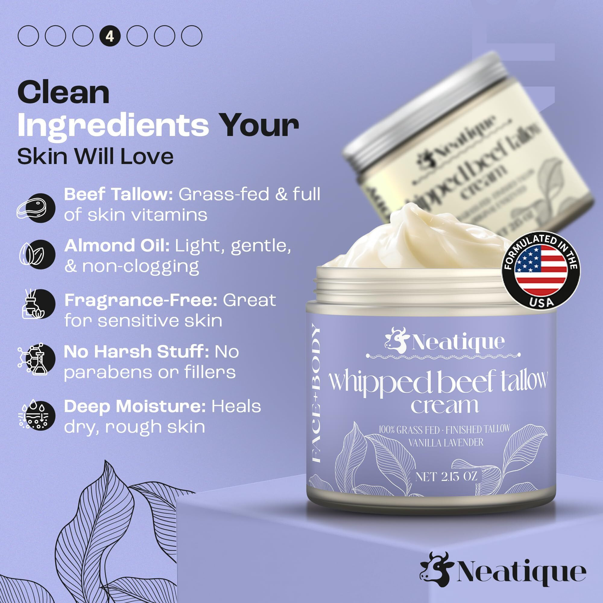 Neatique 100% Grass Fed Beef Tallow For Skin Care Face & Body | Whipped Moisturizer For Skin | With Organic Beeswax & Organic Honey Balm | All Natural Formula, 2.13Oz (2.13 Ounce, Lavender)