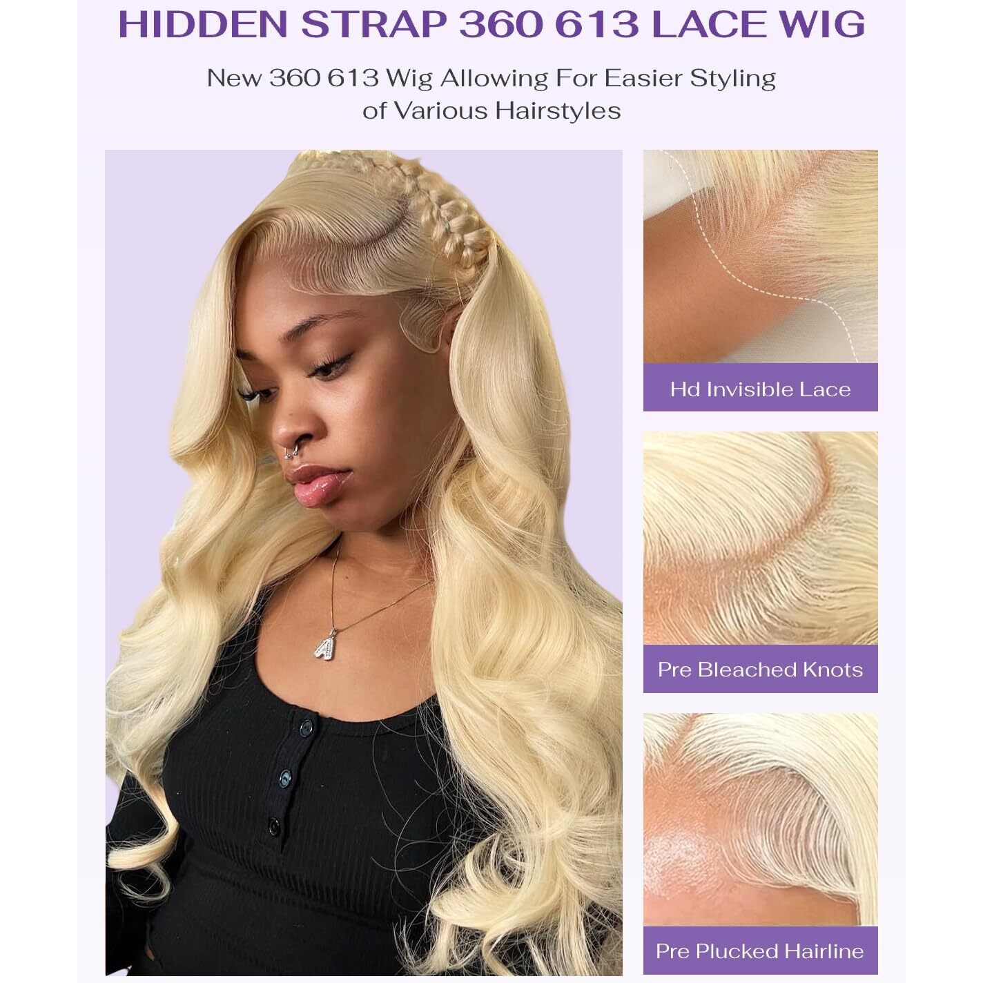 Wigcool Hidden Strap Body Wave 360 613 Lace Front Wig Human Hair Glueless Wigs Human Hair Pre Plucked Pre Bleached 180% Density Blonde Wig With Drawstring Hd Full Lace Human Hair Wigs 24Inch