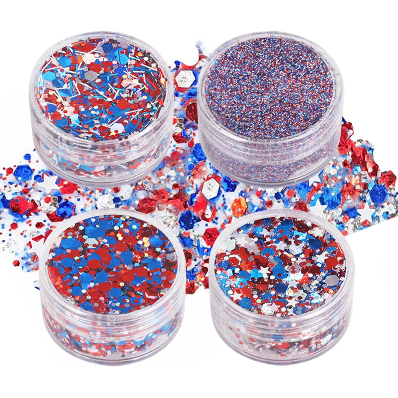 Paminify 4 Jars Red Blue White Hair Glitter,4Th Of July Body Face Glitter,Usa Flag Star Patriotic Sparkle Makeup,Chunky Fourth Of July Outfits For Women & Kids,Independence Day Accessories,40G/1.41 Oz