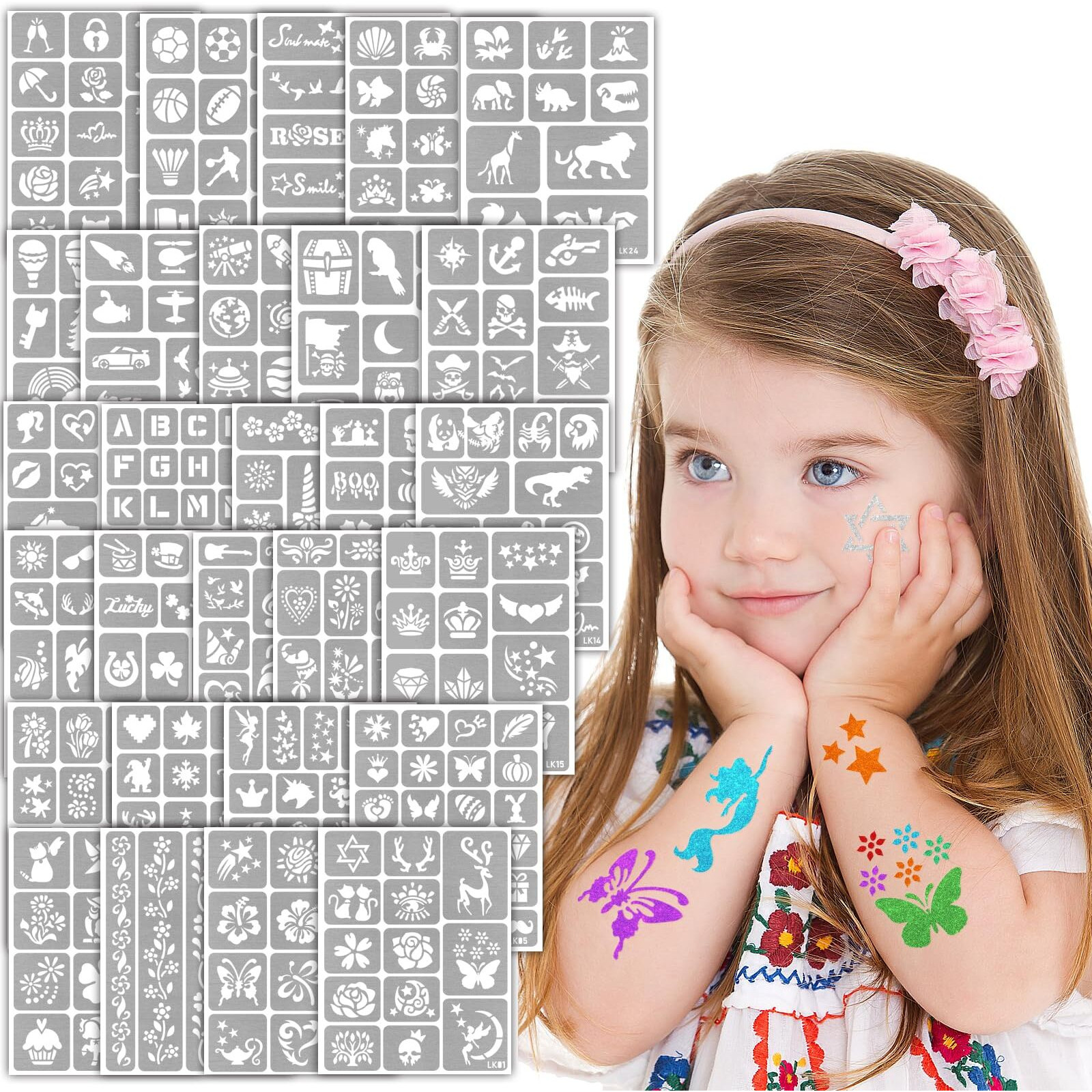 Yazhiji 390 Pcs Temporary Tattoo Stencils, Face And Body Paint Stencils Kit, Girl Boy Glitter Tattoos Stencils Pack For Kids School Show Birthdays Halloween Christmas Party Favor Supplies