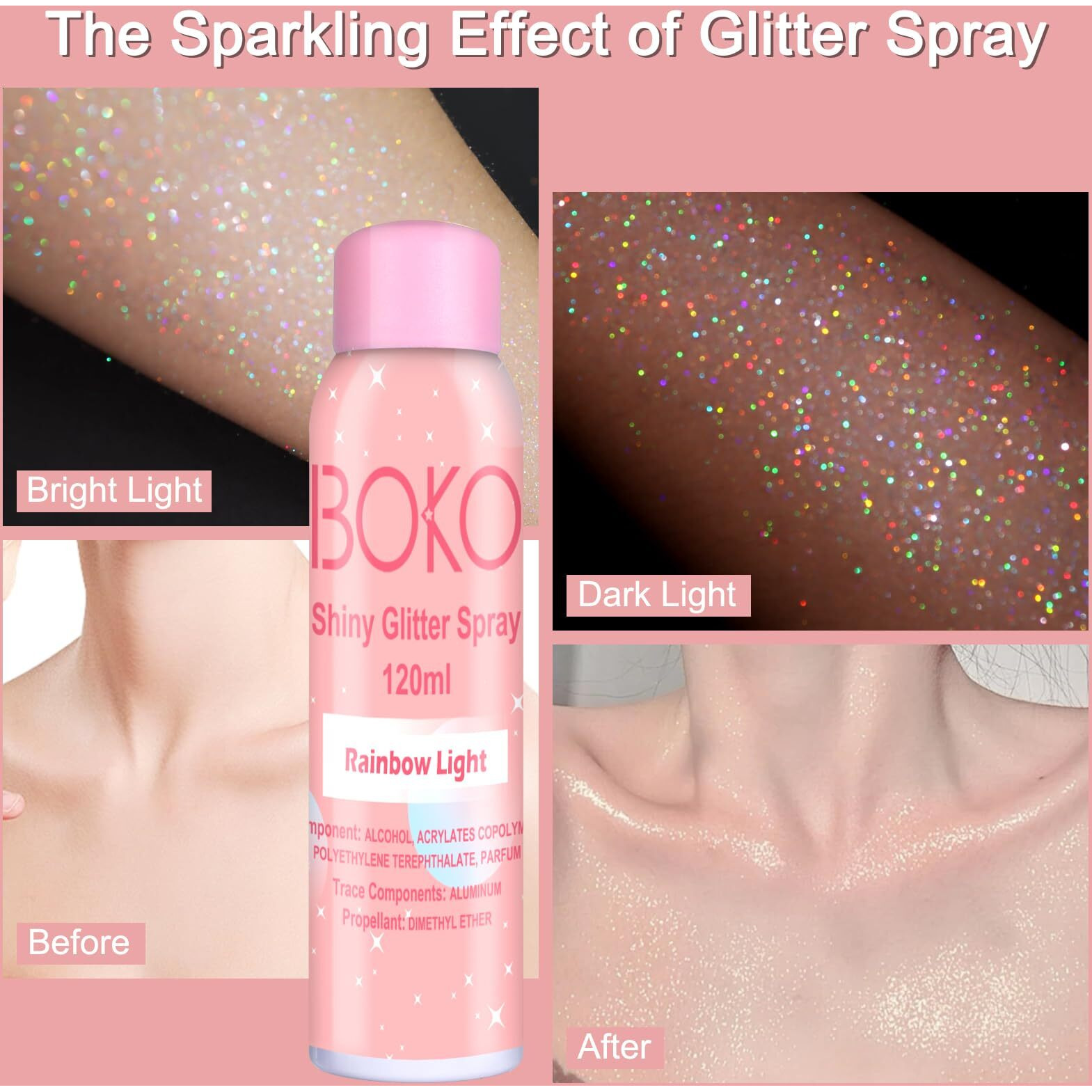 Boko Body Glitter Spray, 120Ml Holographic Silver Shiny Glitter Spray For Body Hair Clothes, Quick-Drying And Long-Lasting Body Shiny Glitter Hairspray For Festival Party Concert Rave Accessories