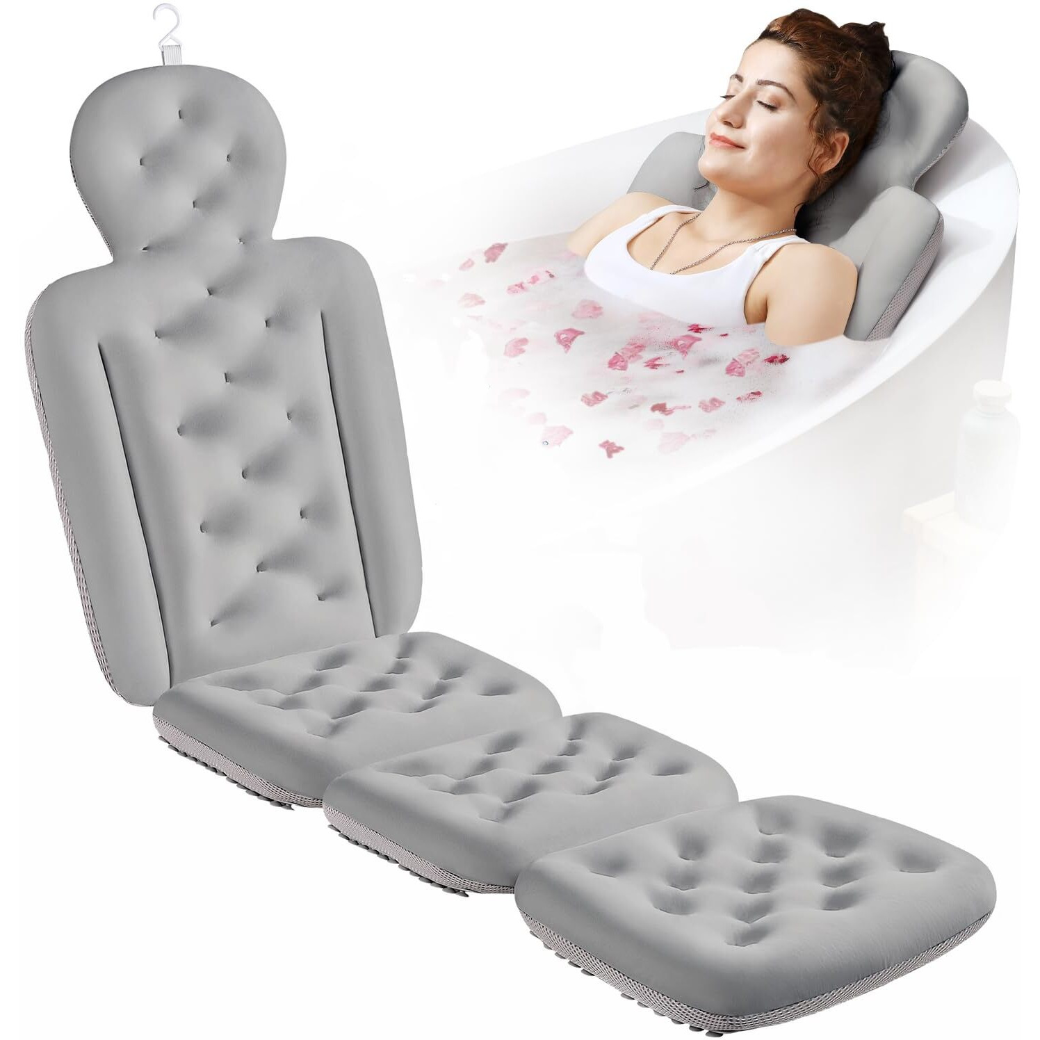 Full Body Bath Pillow For Bathtub, Thick Bathtub Cushion With Laundry Bag, Luxury Tub Pillow For Bath For Headrest Neck And Back Support Gray 60"" X 16""