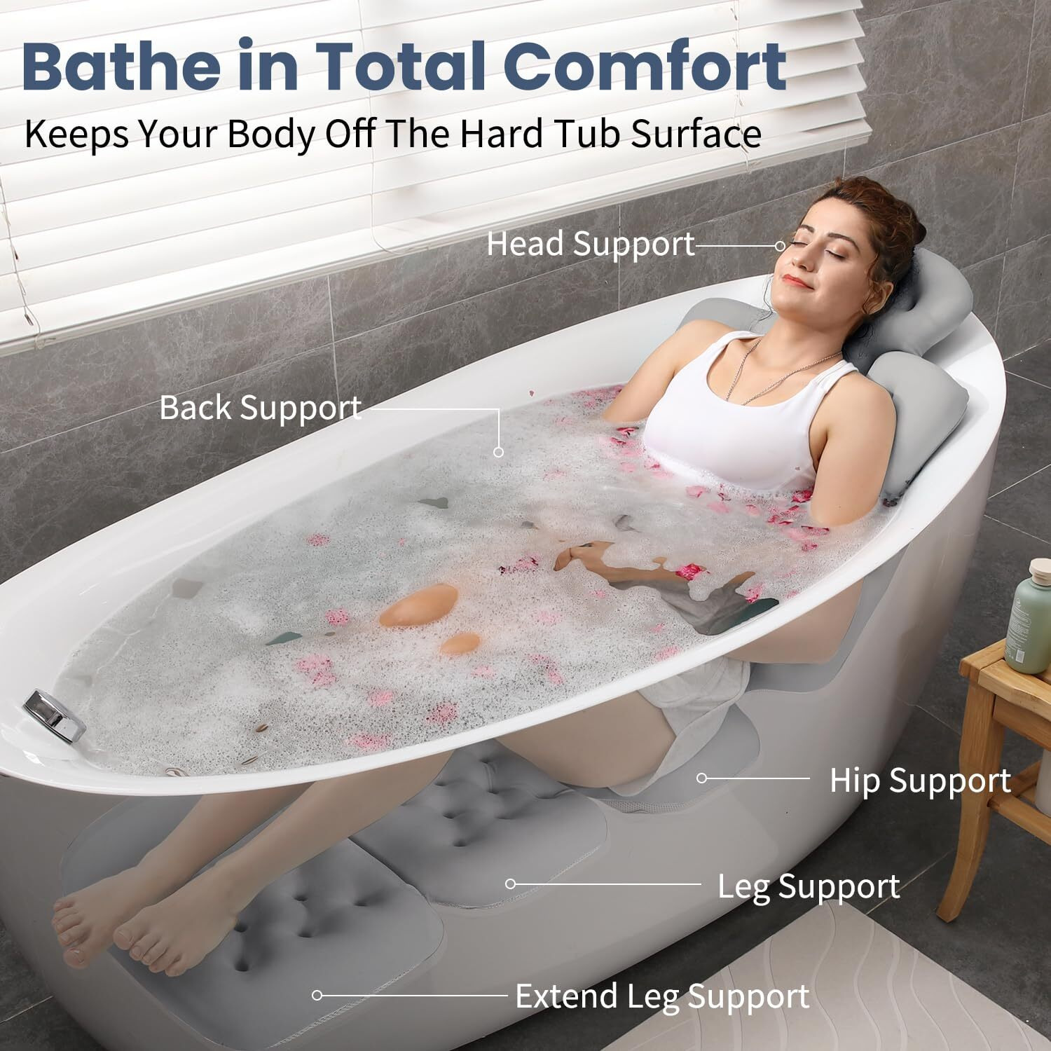 Full Body Bath Pillow For Bathtub, Thick Bathtub Cushion With Laundry Bag, Luxury Tub Pillow For Bath For Headrest Neck And Back Support Gray 60"" X 16""