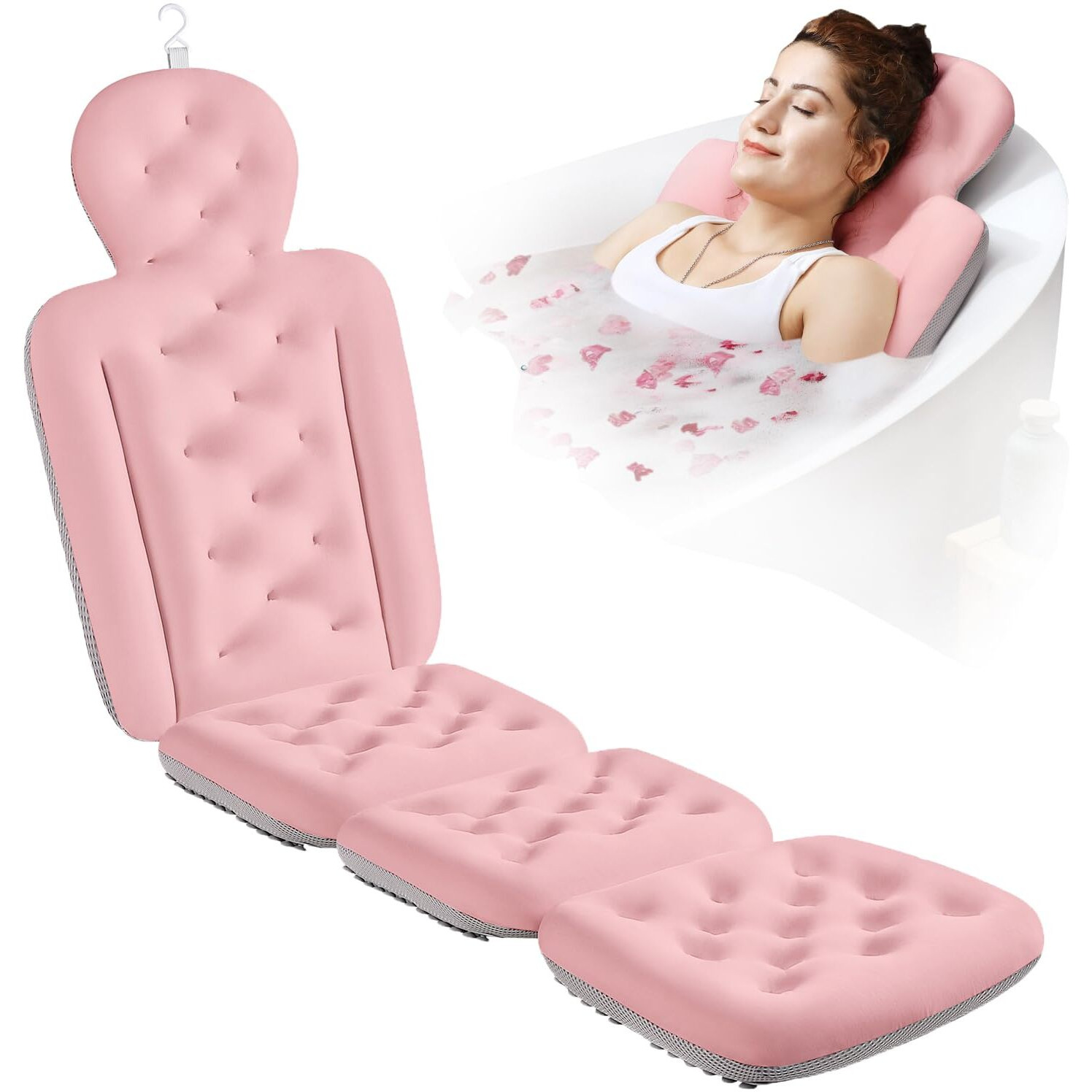 Full Body Bath Pillow For Bathtub, Thick Bathtub Cushion With Laundry Bag, Luxury Tub Pillow For Bath For Headrest Neck And Back Support Pink 60"" X 16""