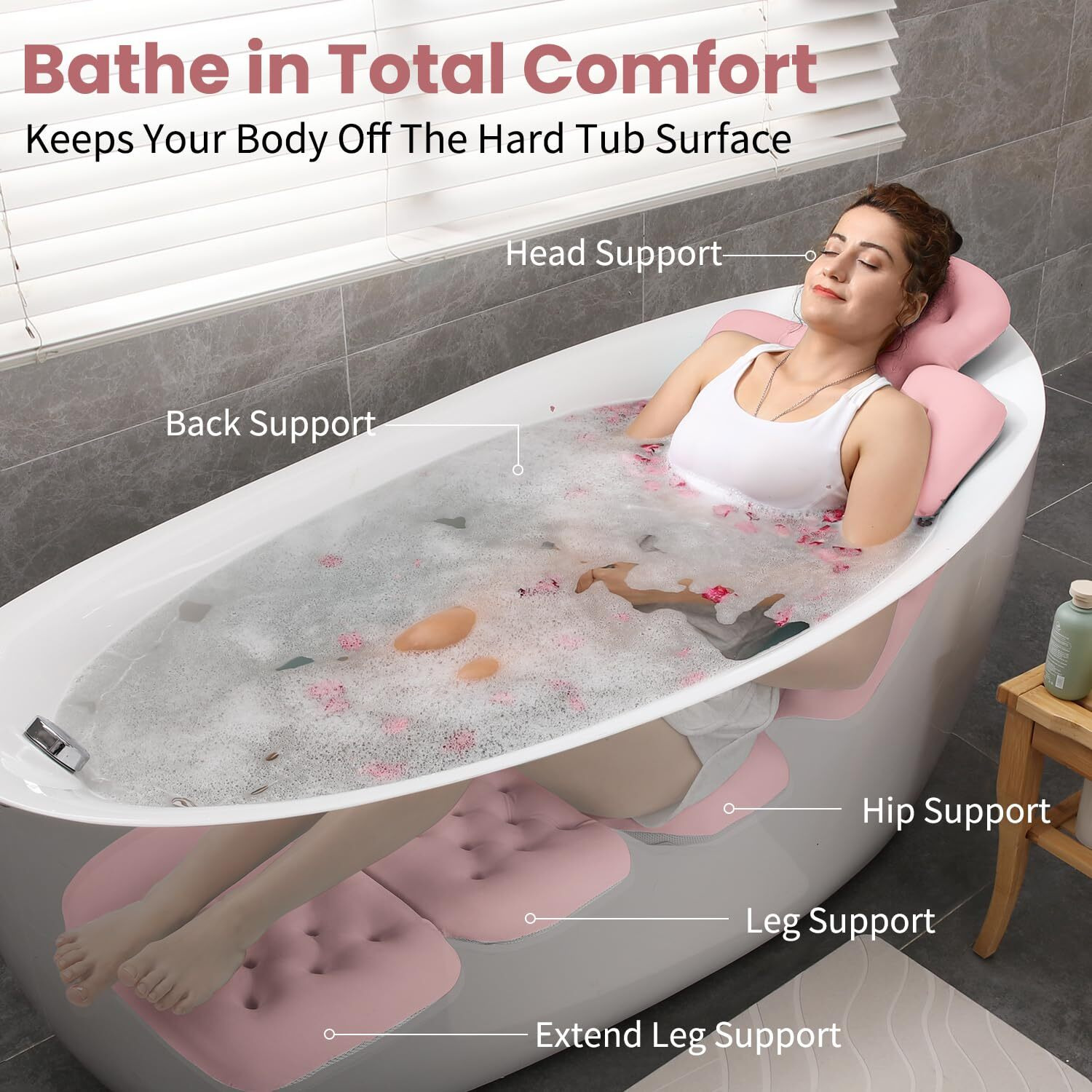 Full Body Bath Pillow For Bathtub, Thick Bathtub Cushion With Laundry Bag, Luxury Tub Pillow For Bath For Headrest Neck And Back Support Pink 60"" X 16""