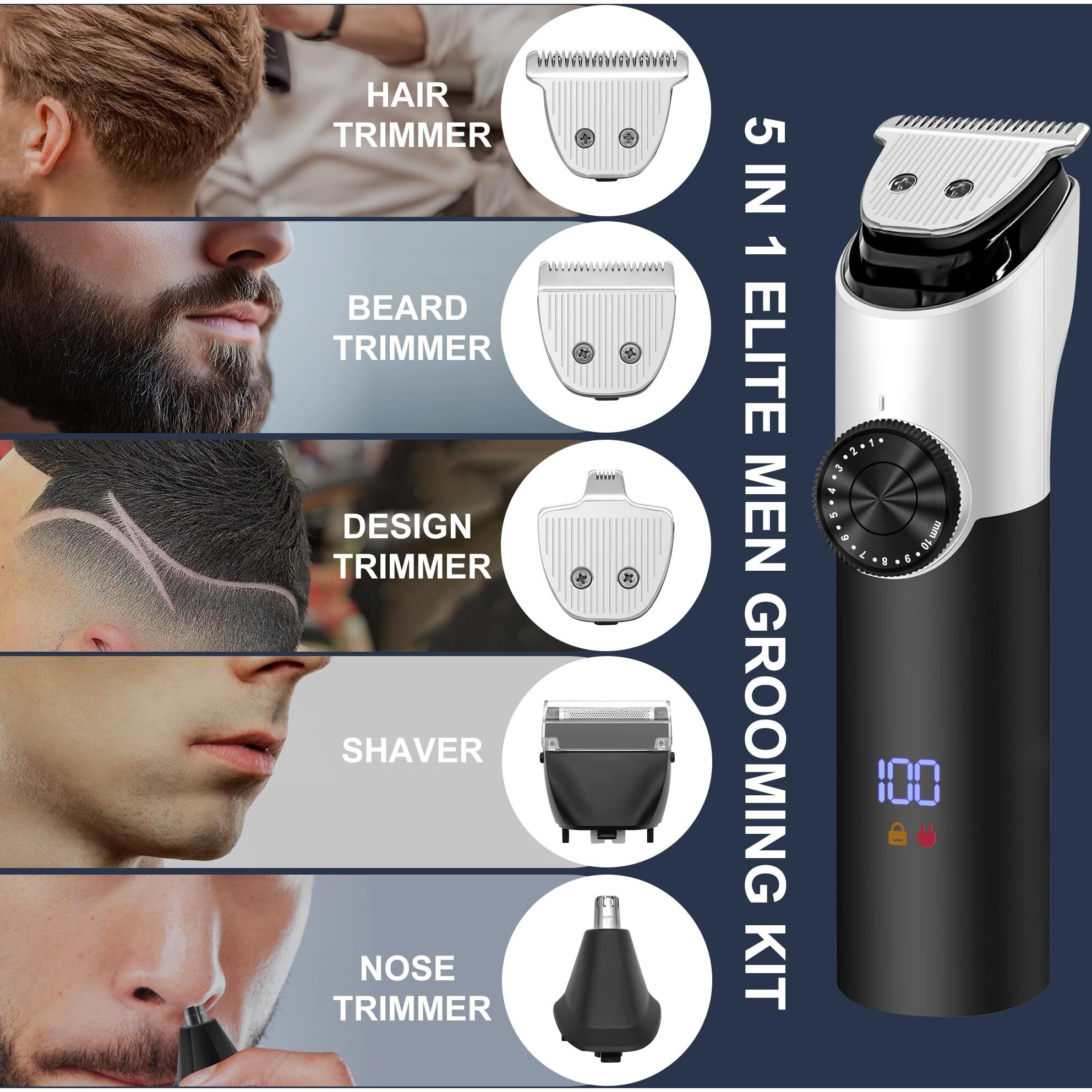 G4S3 5 In 1 Hair Clippers, Adjustable Beard Trimmer For Men Professional, Cordless Barber Clippers And Trimmers Set, Hair Cutting Kit With Lcd Display, Shaving Kit For Nose, Body, Face And Mustache