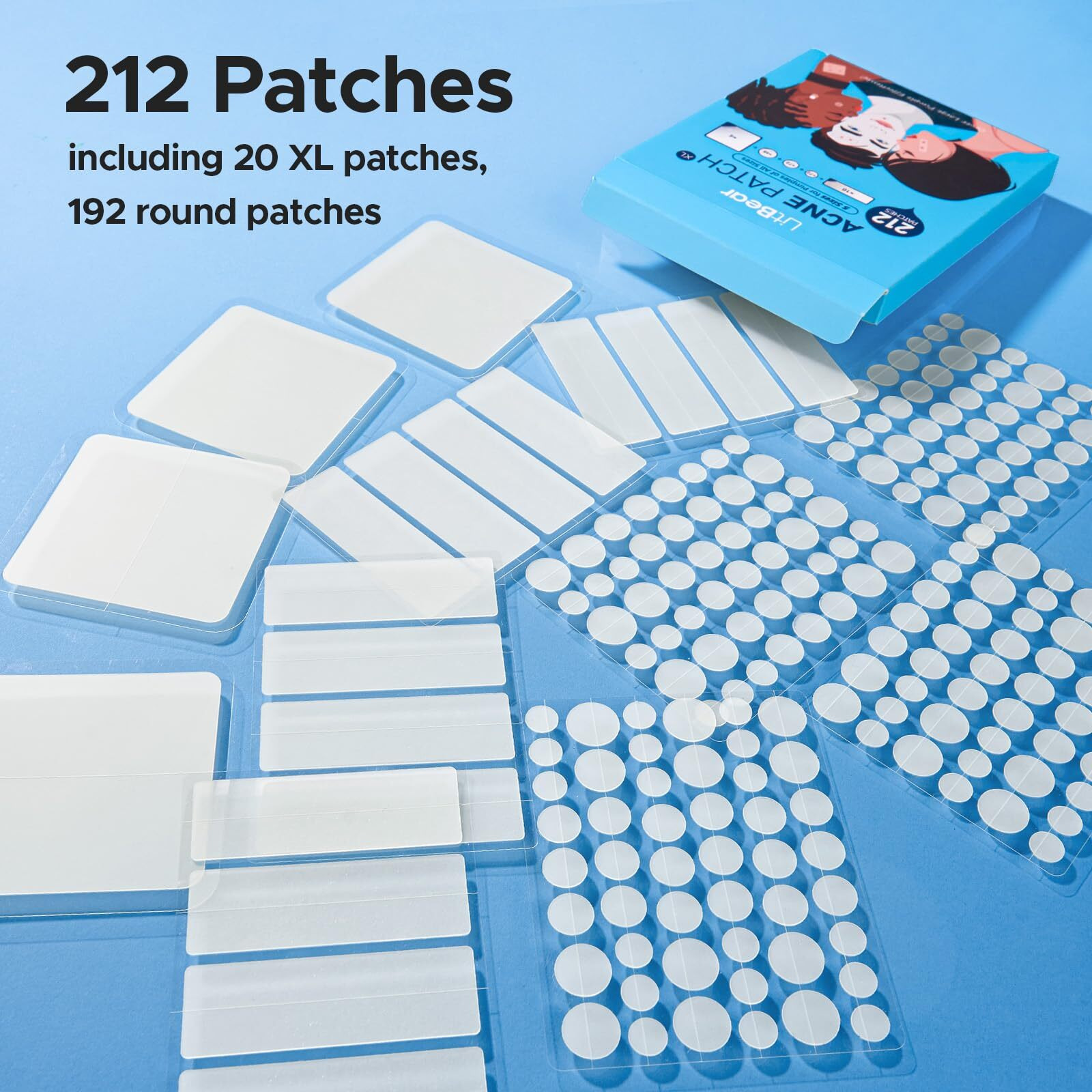 Litbear Large Pimple Patches, 5 Sizes 212 Counts Big Acne Patches For Face, Forehead, Body And Back, Hydrocolloid Bandages For Zits, Blemishes And Large Breakouts, Hydrocolloid Patch Pimple Stickers
