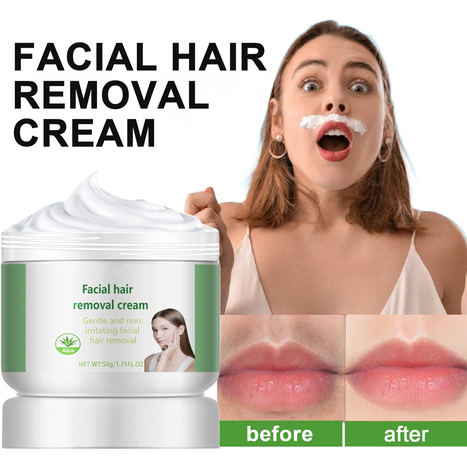 Facial Depilatory And Hair Removal Cream For Women, Aloe Vera Facial Hair Removal Cream For Upper Lip And Chin For Face Hair Remover For Body Sensitive Skin Gentle And Non-Irritating (2Pcs)