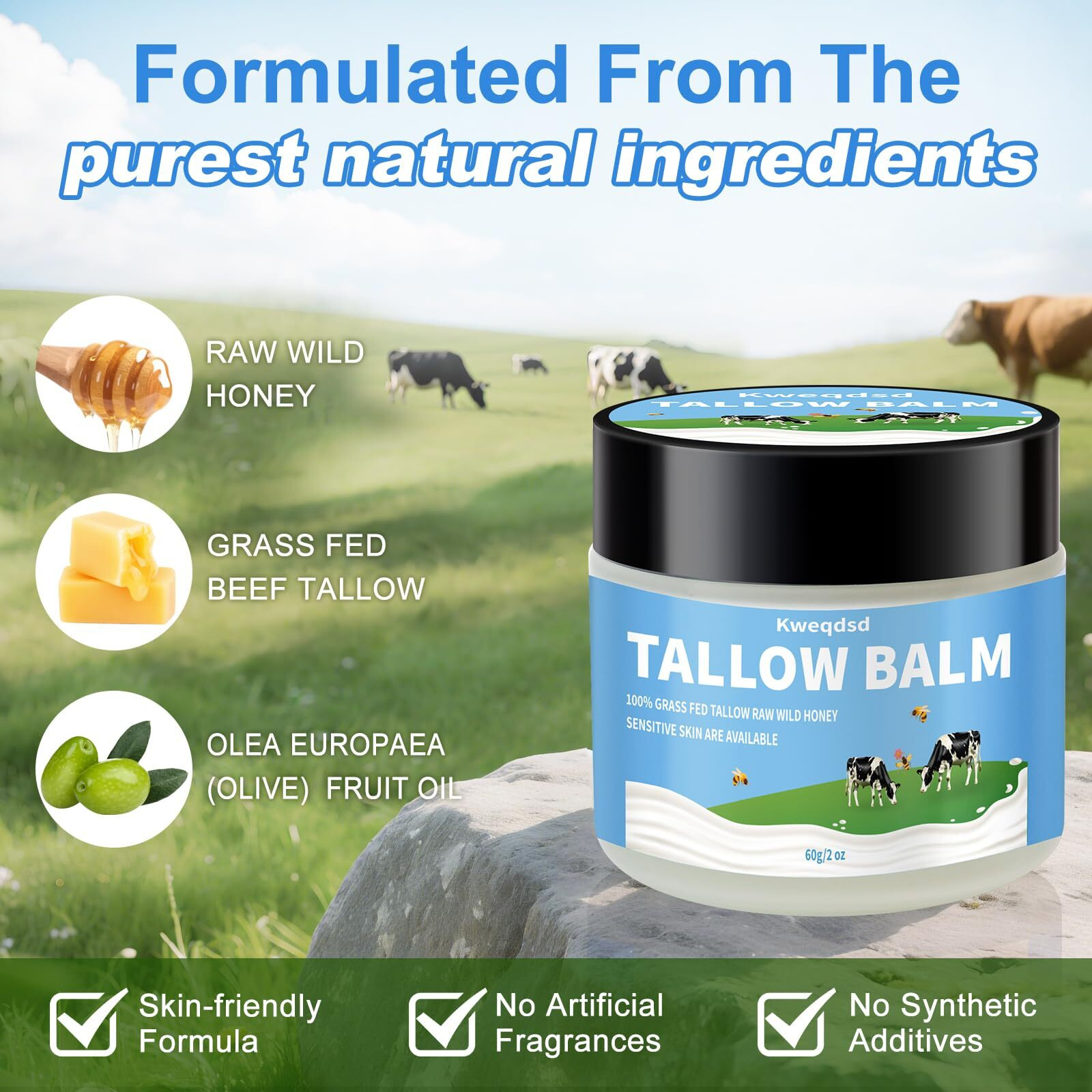 Kweqdsd 5 Pack Organic Grass-Fed Beef Tallow Balm With Raw Honey, Grass Fed Beef Tallow Face Moisturizer, Natural Tallow Skin Care Cream Body Butter, Nourish And Soothe Dry Skin