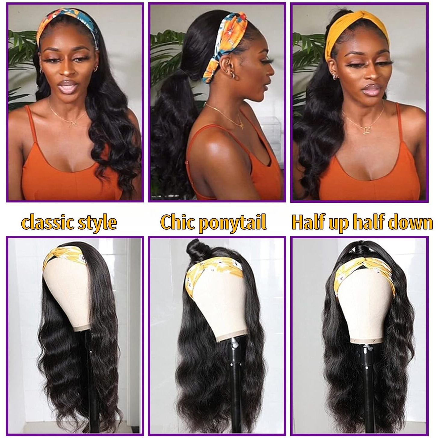 Headband Wigs For Black Women Human Hair Body Wave Head Band Wig 100% Brazilian Raw Human Hair Wear And Go Glueless Half Wigs 150% Density Machine Made Natural Color