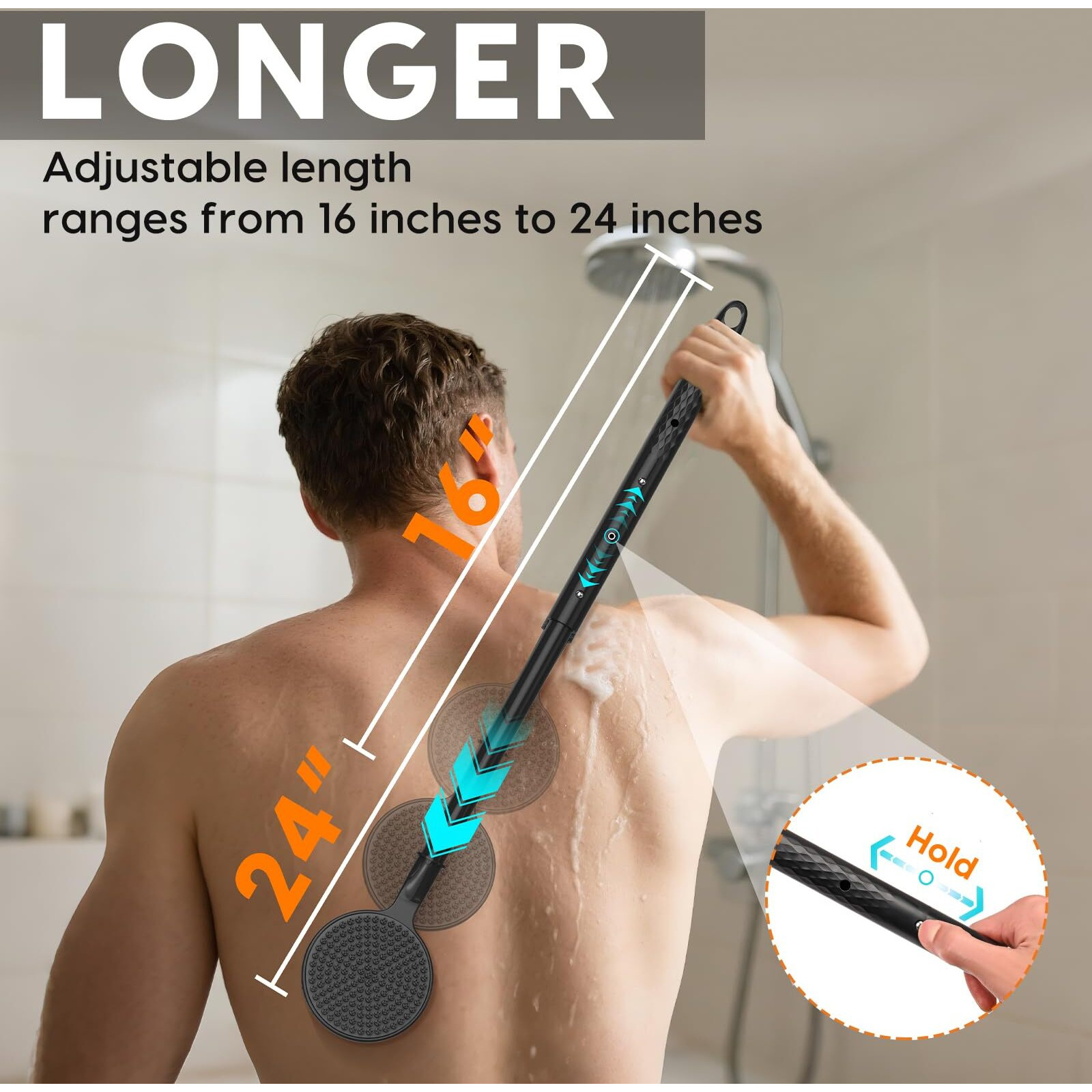 Vwmyq Silicone Back Scrubber For Shower, 24In Adjustable Handle Body Brush, Double Sided Shower Brush For Shower Exfoliating And Massage Can Produce Rich Foam, Long Handle Back Scrubber For Men