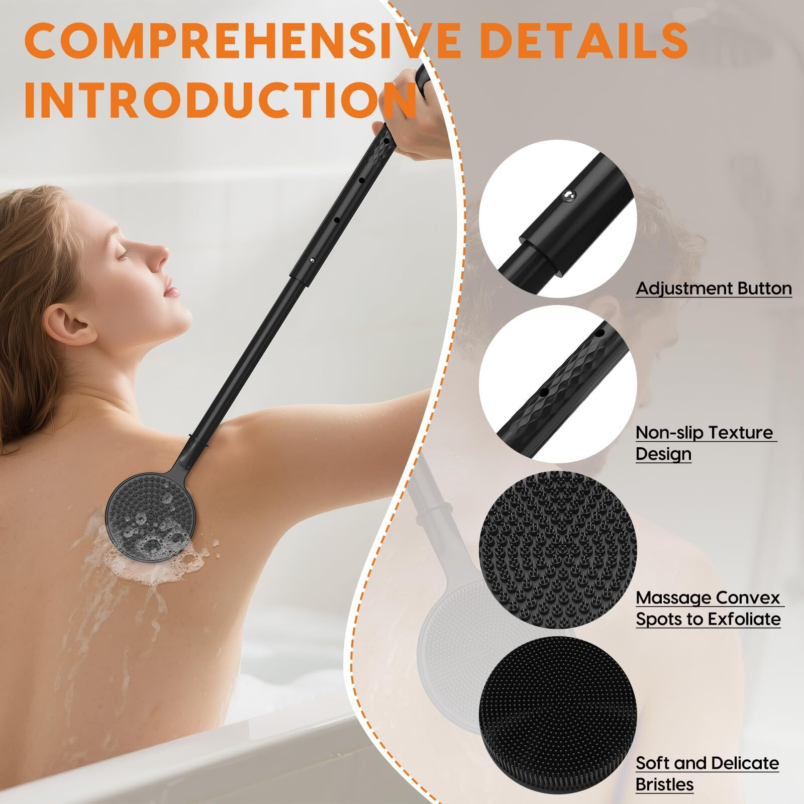 Vwmyq Silicone Back Scrubber For Shower, 24In Adjustable Handle Body Brush, Double Sided Shower Brush For Shower Exfoliating And Massage Can Produce Rich Foam, Long Handle Back Scrubber For Men