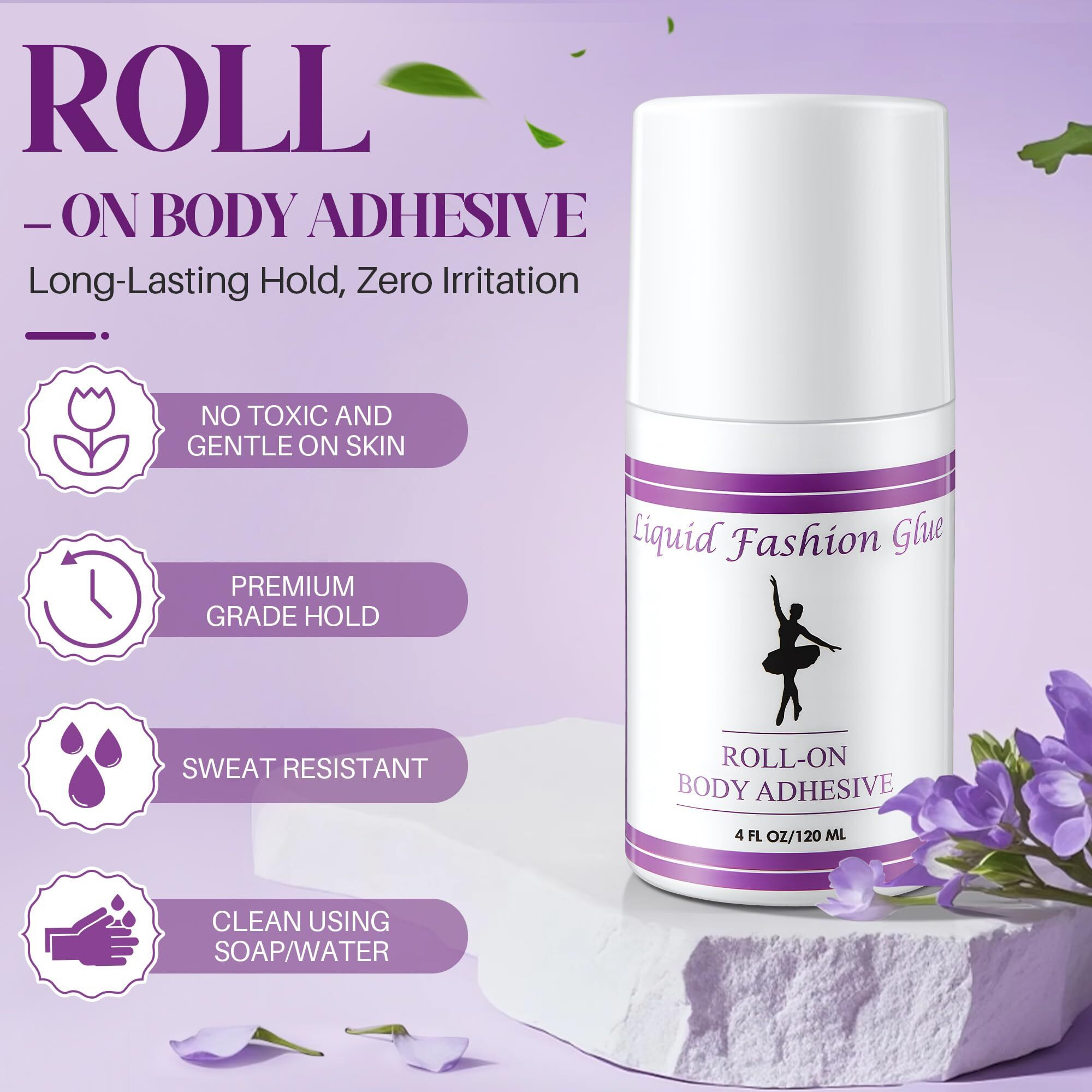 Large 4 Oz Body Adhesive Roll On For Skin & Clothing, Sweat Resistant Body Glue, Water Washable,Non-Toxic Fashion Glue For Dancers, Wigs, Compression Stockings, Costumes, Bras