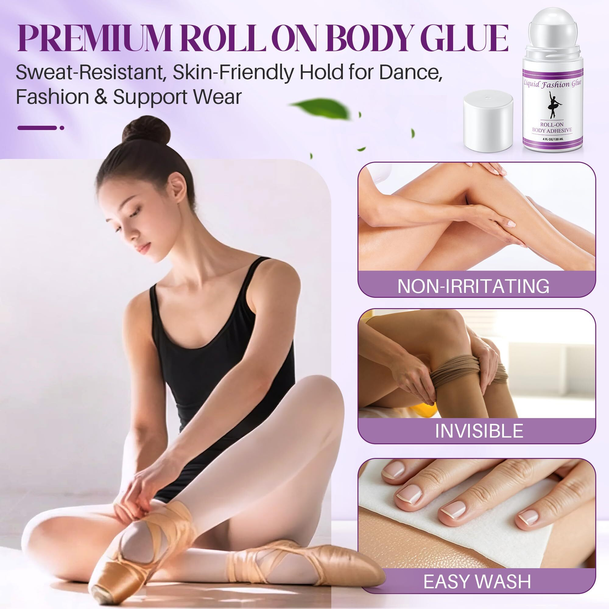 Large 4 Oz Body Adhesive Roll On For Skin & Clothing, Sweat Resistant Body Glue, Water Washable,Non-Toxic Fashion Glue For Dancers, Wigs, Compression Stockings, Costumes, Bras