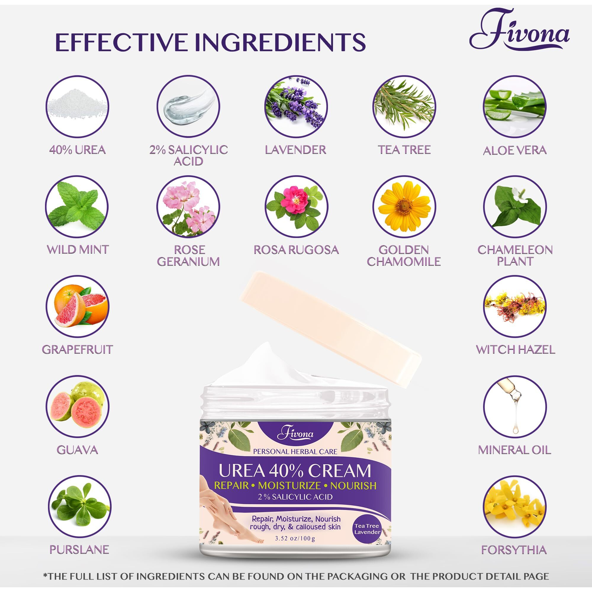 Fivona 40% Urea Cream With 2% Salicylic Acid - Foot Cream With Tea Tree And Lavender Extracts Foot Lotion For Dry Cracked Heels, Dead Skin & Callus Remover, Feet Moisturizer Repair Cream