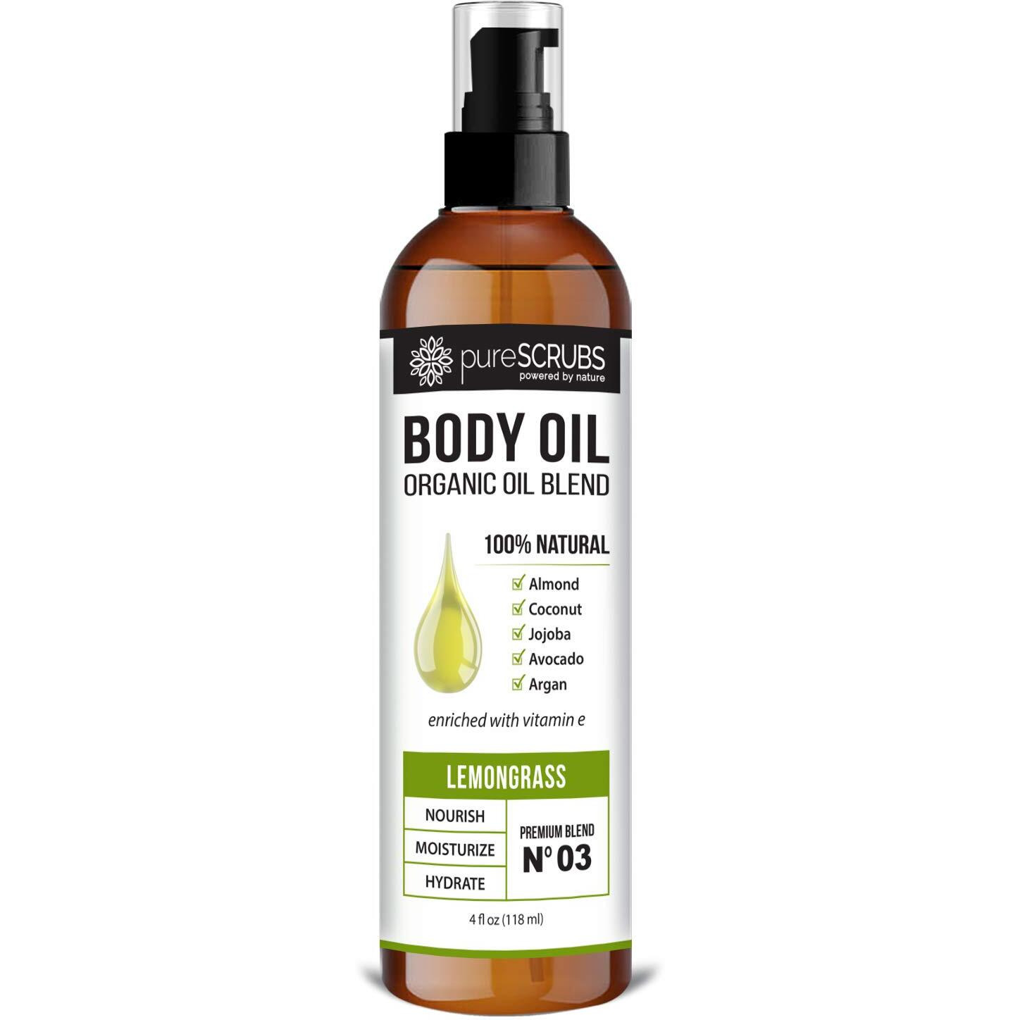 Purescrubs Ultra Moisturizing Lemongrass Body Oil Spray For Dry Skin, Massage, & More, Organic Super Blend Of Jojoba, Argan, Coconut, Sweet Almond & Avocado Oils Enriched With Vitamin E, Lg 4Oz