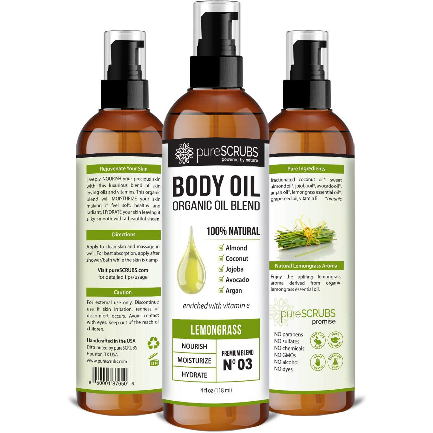 Purescrubs Ultra Moisturizing Lemongrass Body Oil Spray For Dry Skin, Massage, & More, Organic Super Blend Of Jojoba, Argan, Coconut, Sweet Almond & Avocado Oils Enriched With Vitamin E, Lg 4Oz