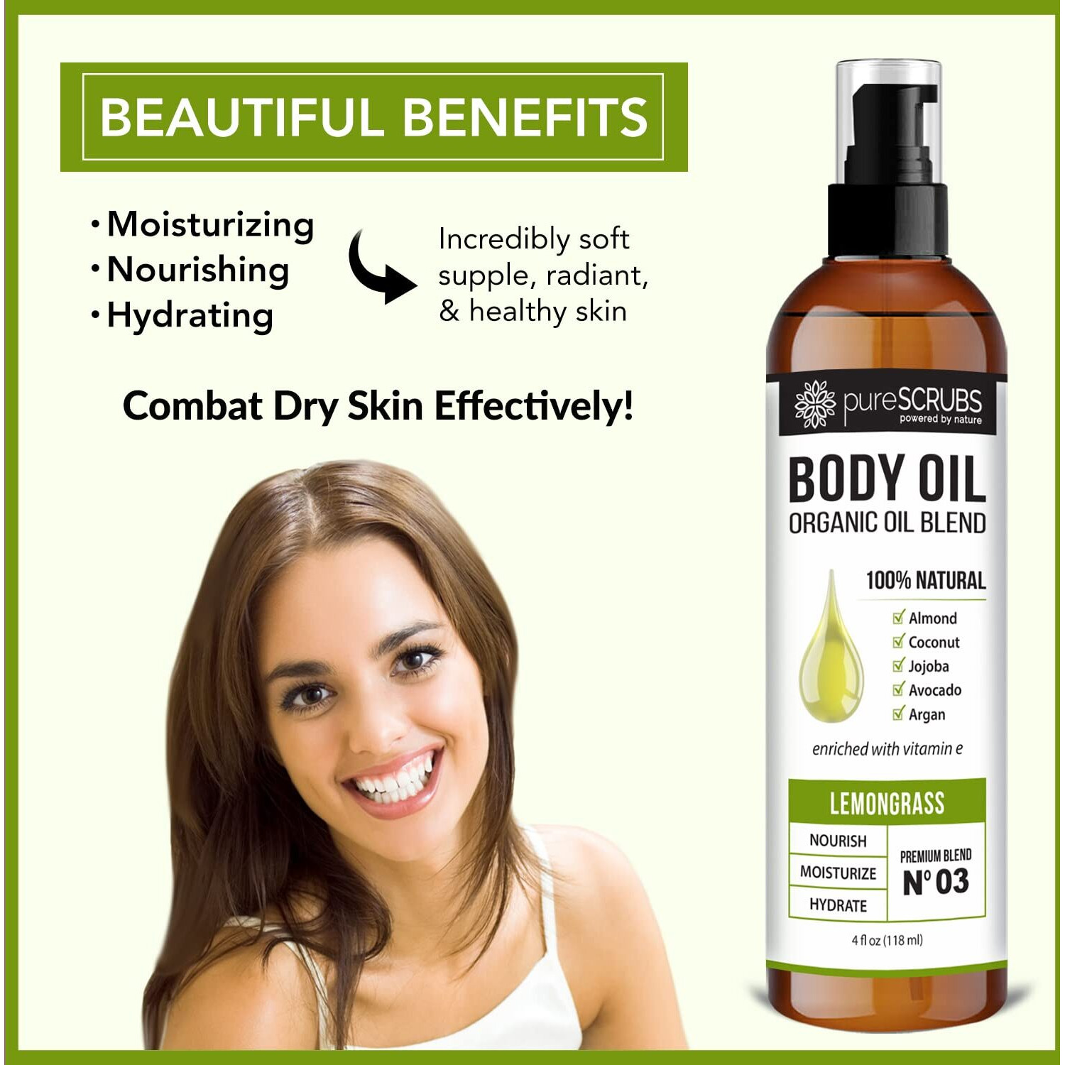 Purescrubs Ultra Moisturizing Lemongrass Body Oil Spray For Dry Skin, Massage, & More, Organic Super Blend Of Jojoba, Argan, Coconut, Sweet Almond & Avocado Oils Enriched With Vitamin E, Lg 4Oz
