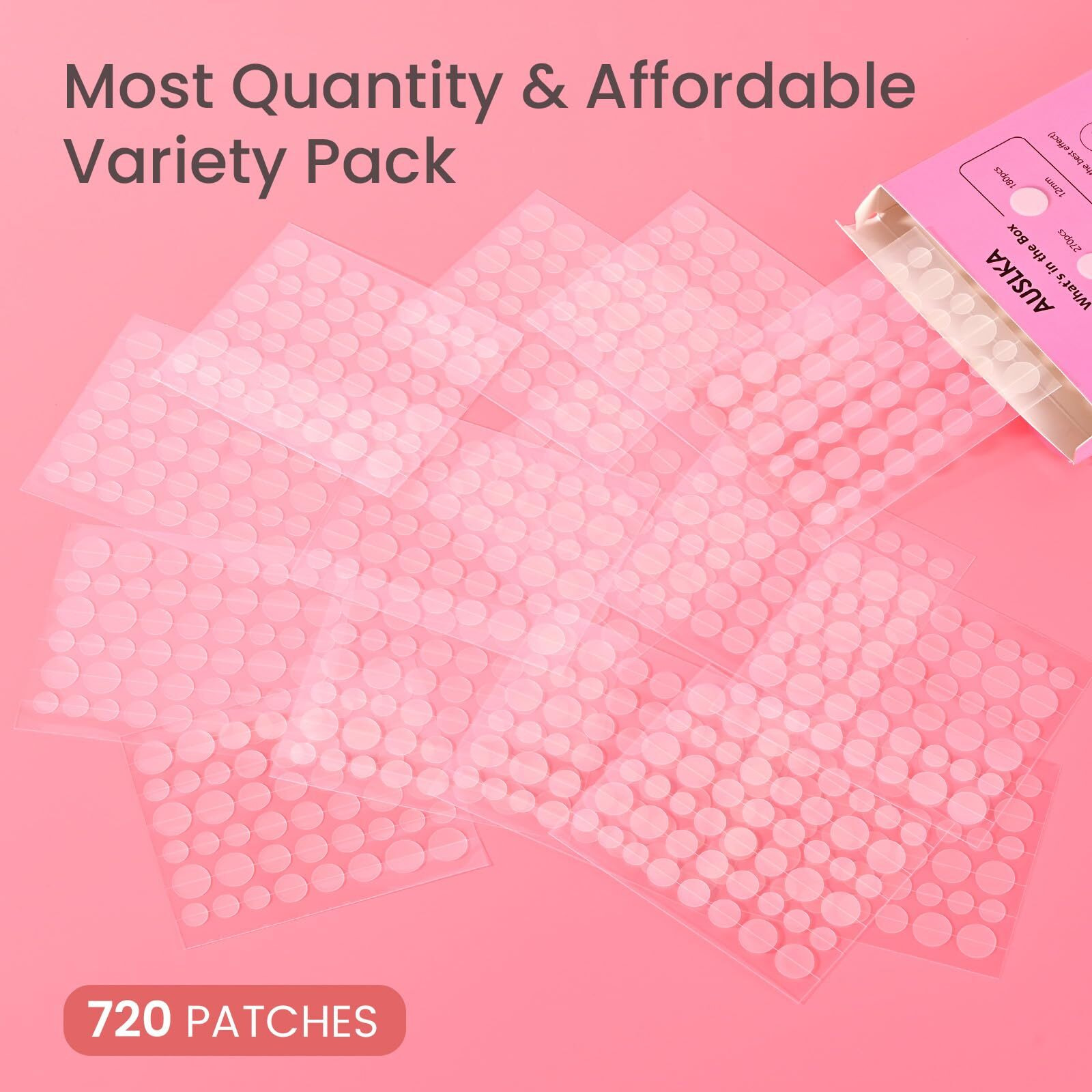 Auslka Pimple Patch Bulk, 720 Pimple Patches For Face, Hydrocolloid Spot Patch Stickers For Zits& Blemishes, Suitable For Body, Cheek, Forehead, Chin And Back (8Mm, 10Mm,12Mm)