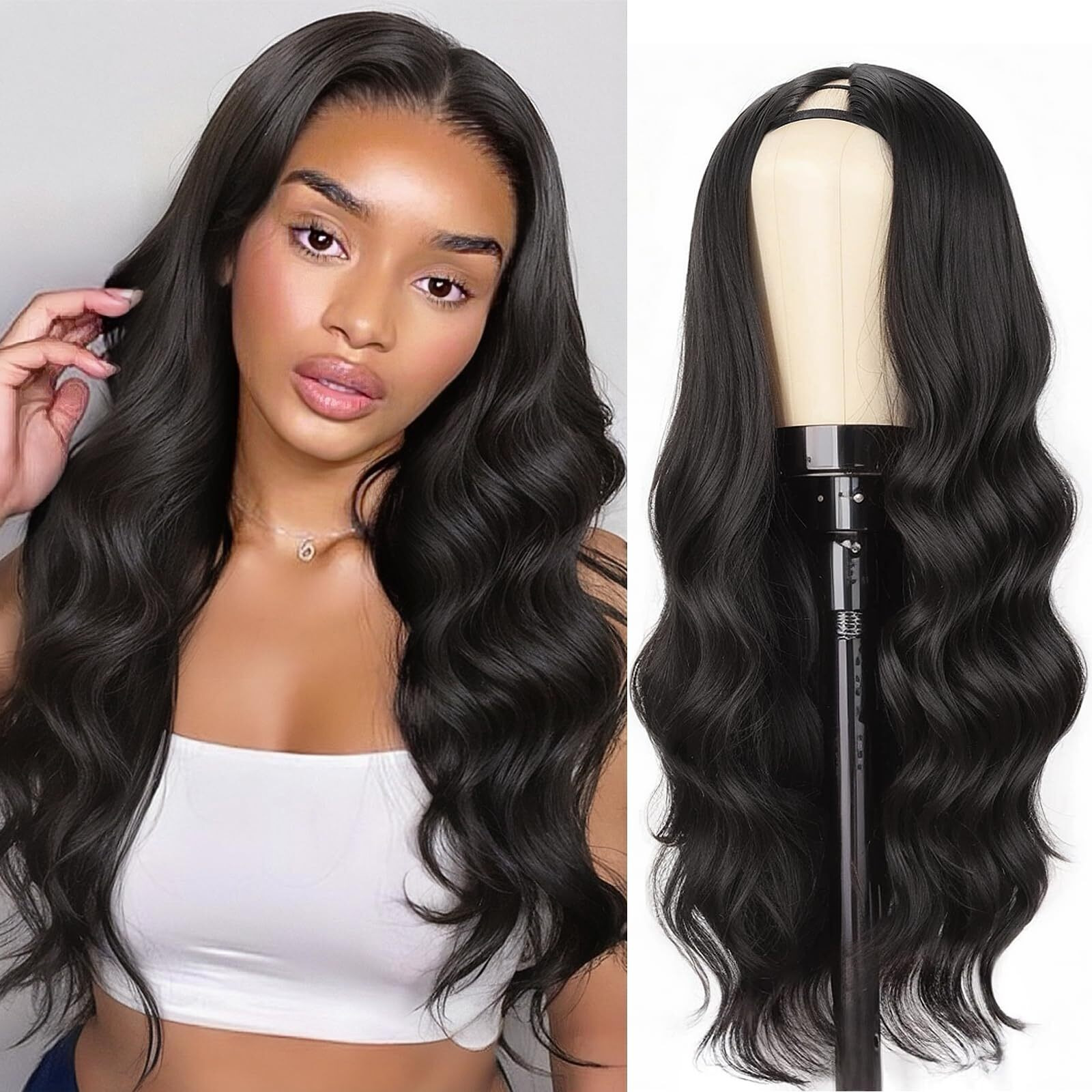 Pisry V Part Wig Body Wave Upgrade U Part Wigs For Black Women Premium Protein Silk Fiber & Human Hair Blended, Clip In V-Part Half Wigs Glueless Wear And Go 180% Density Natural Black 20 Inch