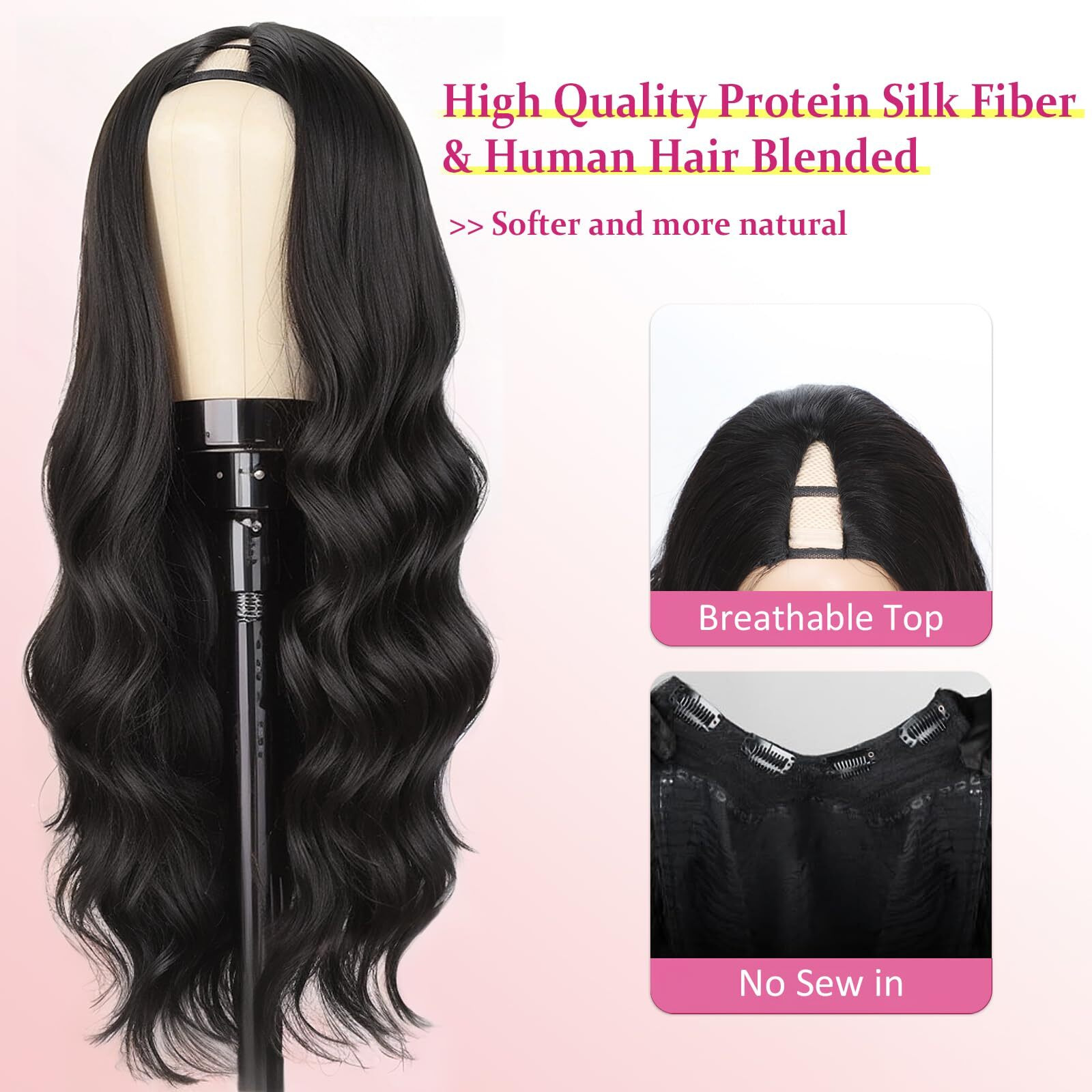 Pisry V Part Wig Body Wave Upgrade U Part Wigs For Black Women Premium Protein Silk Fiber & Human Hair Blended, Clip In V-Part Half Wigs Glueless Wear And Go 180% Density Natural Black 20 Inch