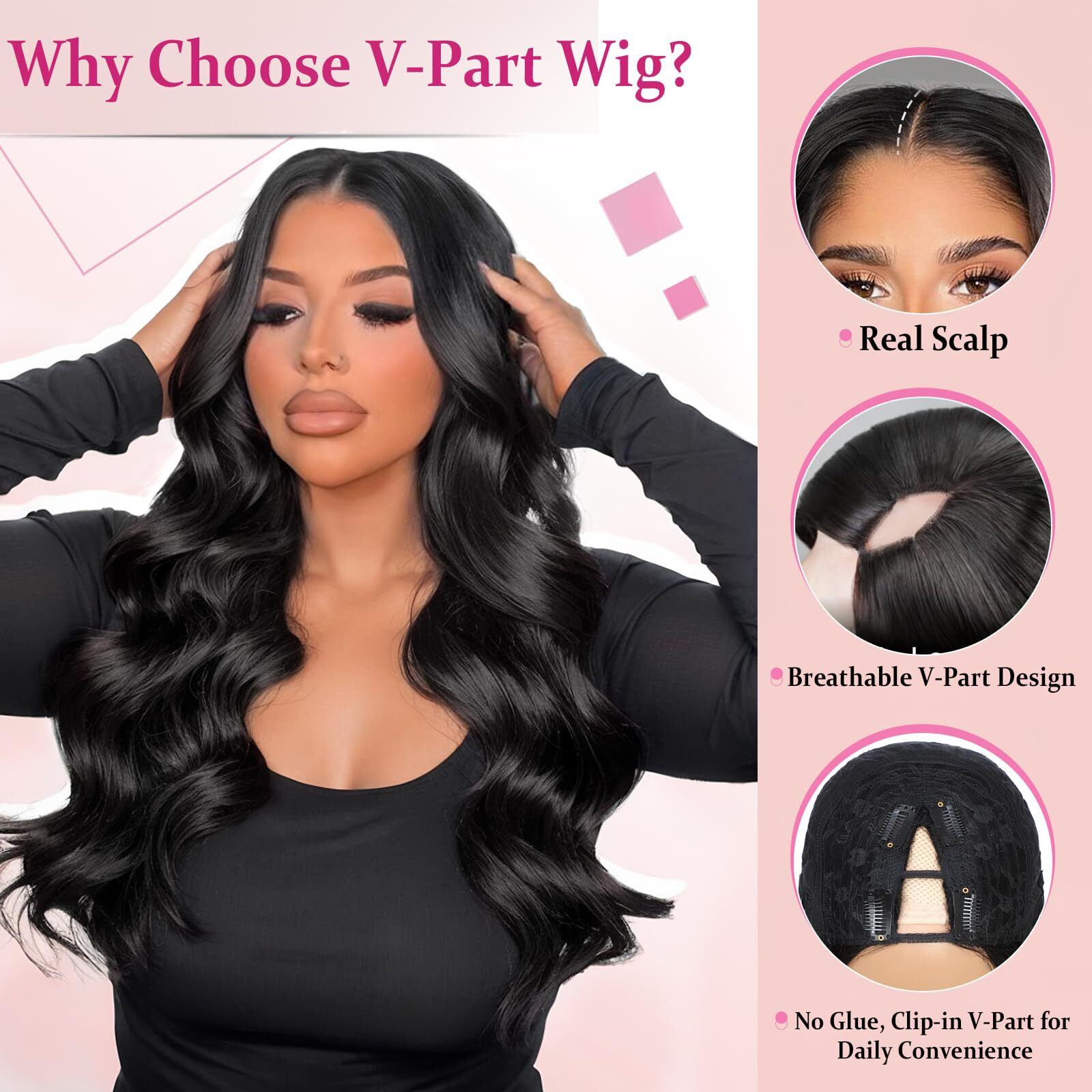 Pisry V Part Wig Body Wave Upgrade U Part Wigs For Black Women Premium Protein Silk Fiber & Human Hair Blended, Clip In V-Part Half Wigs Glueless Wear And Go 180% Density Natural Black 20 Inch