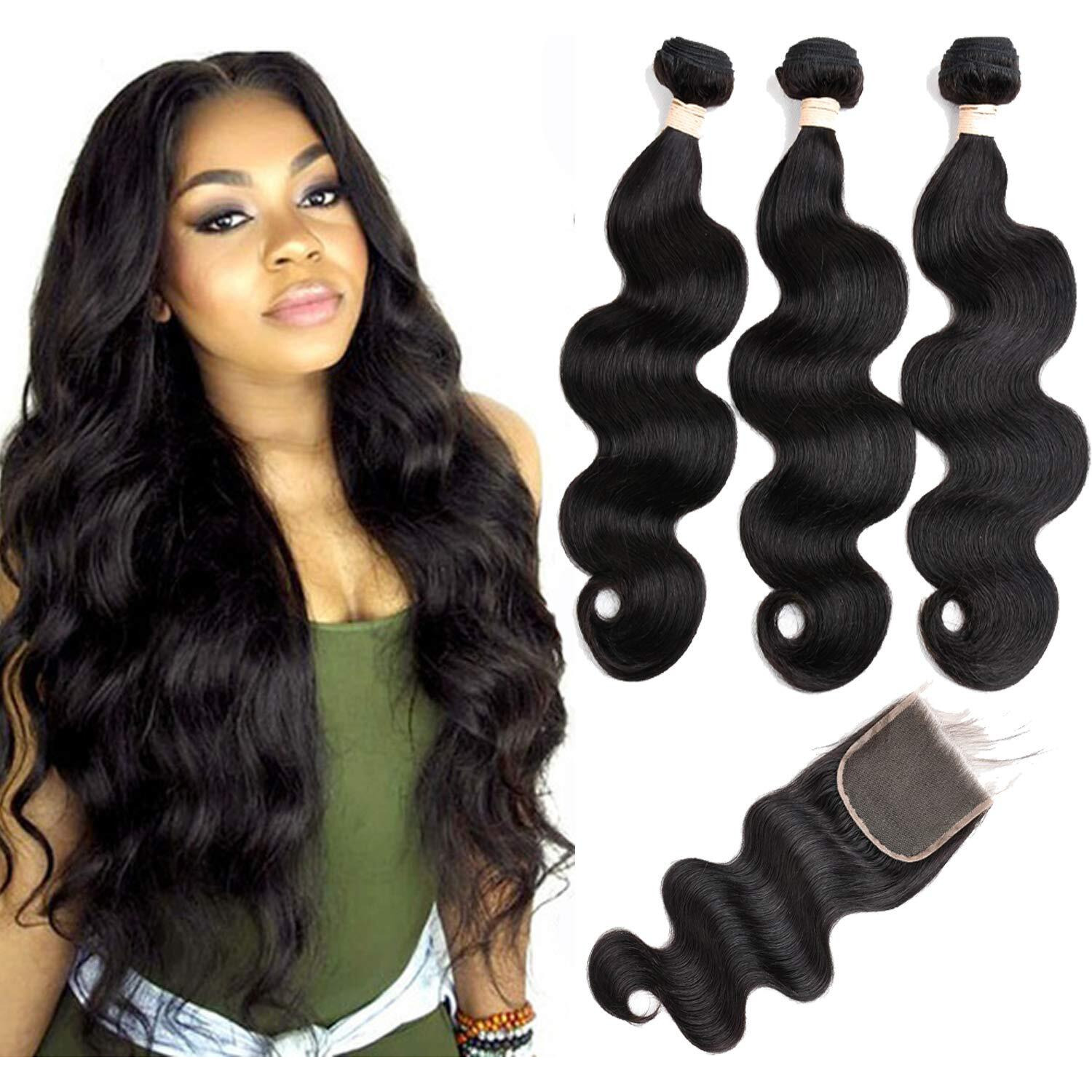 Beauhair Brazilian Body Wave Virgin Human Hair Bundles With Closure (22 24 26 With 20 Closure) Unprocessed Bundles With Lace Closure Body Wave Hair With Closure 4X4 Lace Free Part Natural Black Hair