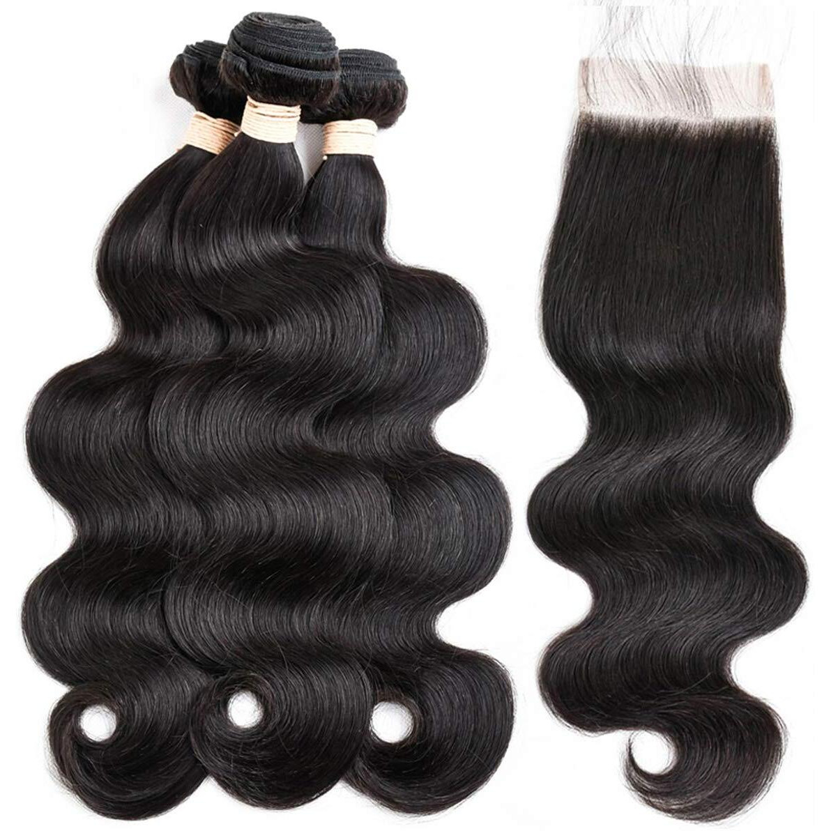 Beauhair Brazilian Body Wave Virgin Human Hair Bundles With Closure (22 24 26 With 20 Closure) Unprocessed Bundles With Lace Closure Body Wave Hair With Closure 4X4 Lace Free Part Natural Black Hair