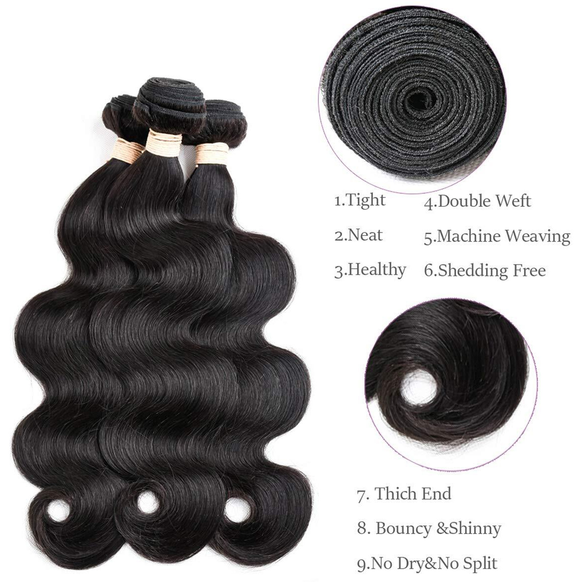 Beauhair Brazilian Body Wave Virgin Human Hair Bundles With Closure (22 24 26 With 20 Closure) Unprocessed Bundles With Lace Closure Body Wave Hair With Closure 4X4 Lace Free Part Natural Black Hair
