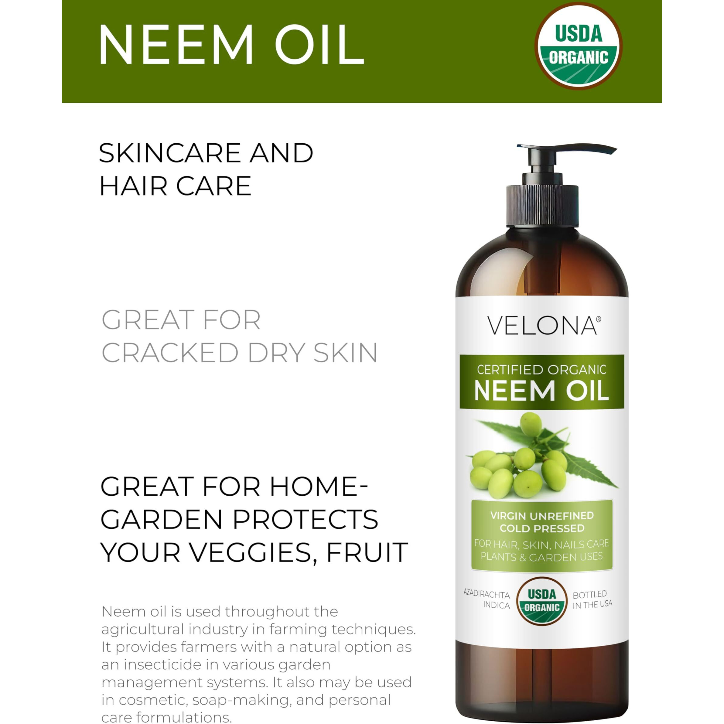 Velona Neem Oil Usda Certified Organic - 16 Fl Oz | 100% Pure And Natural Carrier Oil | Virgin, Unrefined, Cold Pressed | Hair, Body And Skin Care | Use Today - Enjoy Results