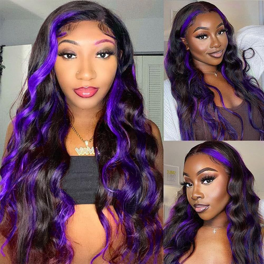 Marry Moon 13X6 Highlight Purple Ombre Human Hair Wigs For Women 180% Density 13X6 Lace Frontal Black And Purple Lace Front Wigs Human Hair Body Wave Skunk Stripe Glueless Wig Pre Plucked (30Inch)