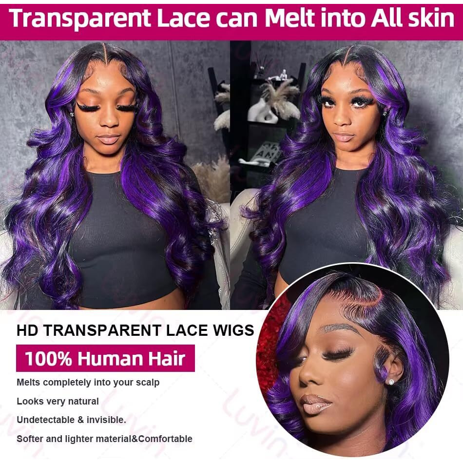 Marry Moon 13X6 Highlight Purple Ombre Human Hair Wigs For Women 180% Density 13X6 Lace Frontal Black And Purple Lace Front Wigs Human Hair Body Wave Skunk Stripe Glueless Wig Pre Plucked (30Inch)