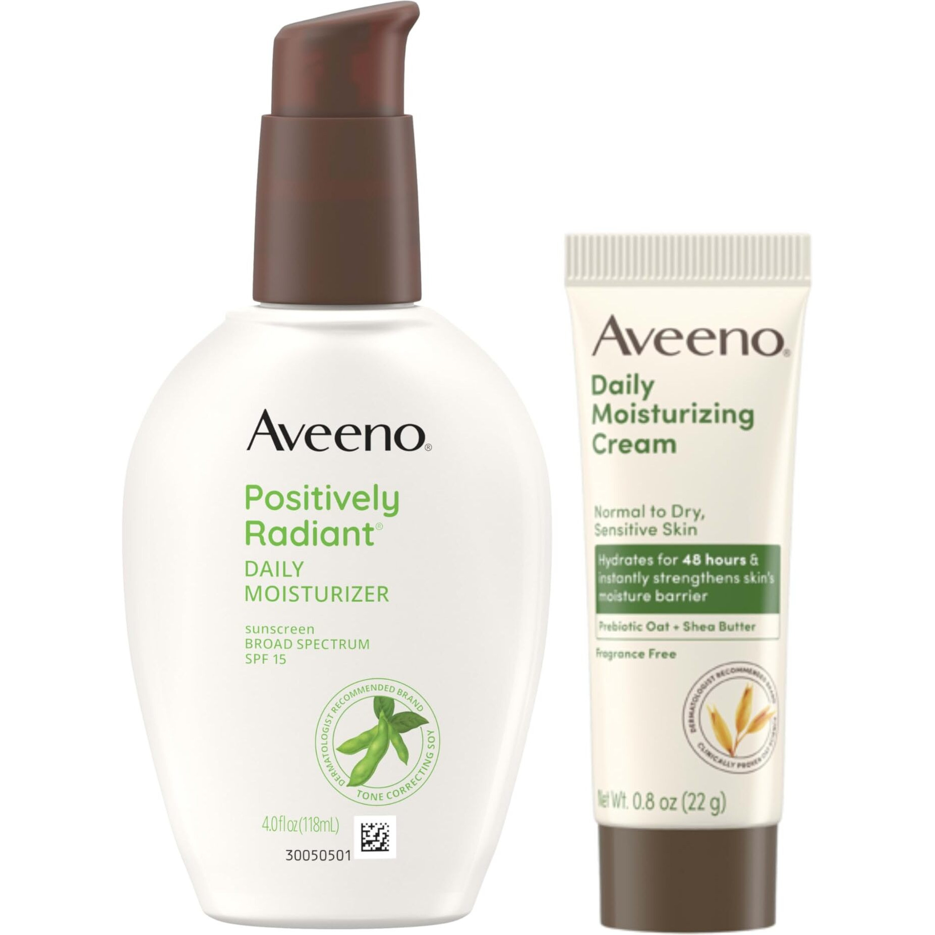 Aveeno Skincare Bundle, Positively Radiant Daily Facial Moisturizer With Spf 15 Sunscreen + Soy, 4 Fl. Oz, & Trial Size Daily Moisturizing Cream For Body, Face, & Hands, 0.8 Oz, Two Pack, 2 Items