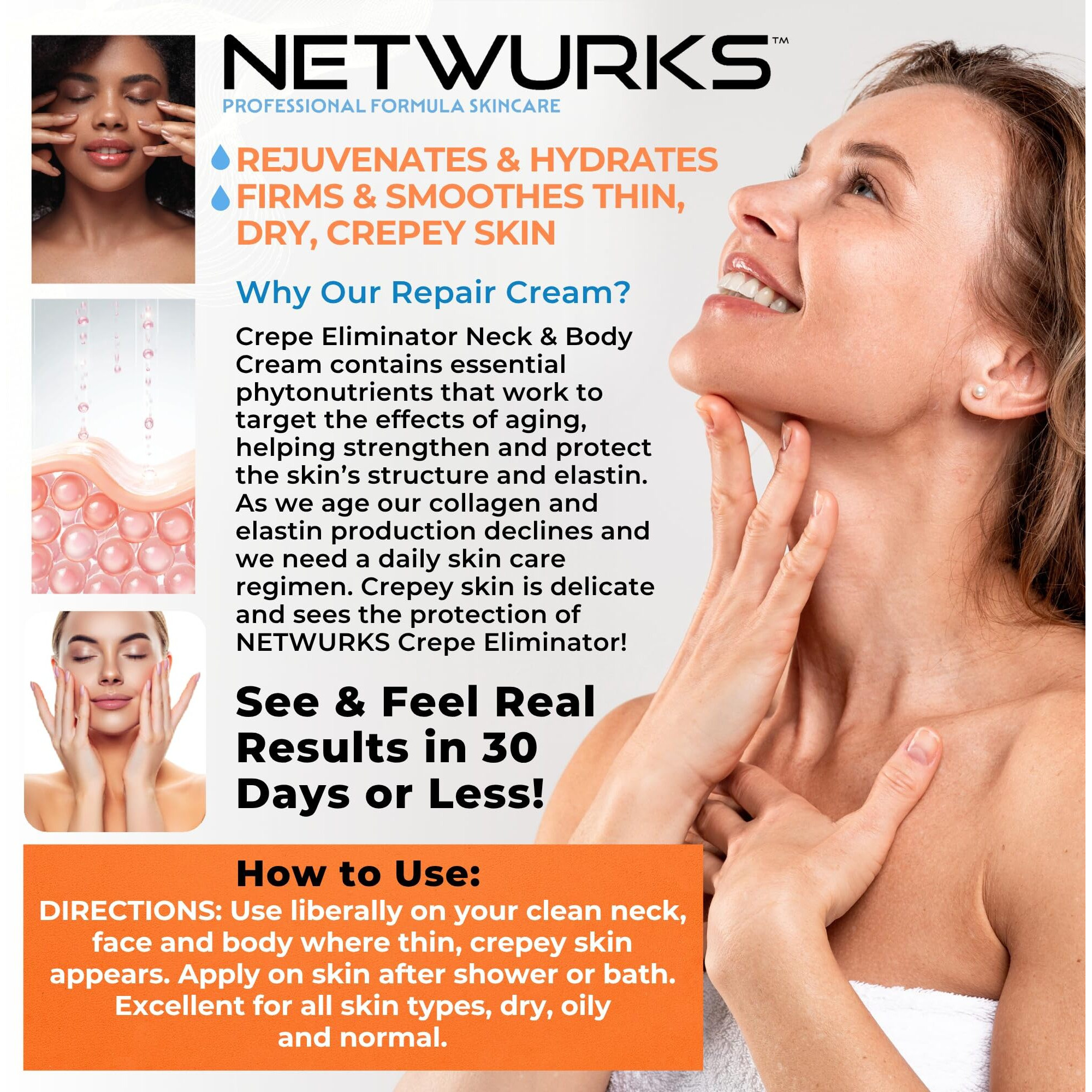 Netwurks Crepe Eliminator Repair Cream, Anti-Aging For Face & Body To Rejuvenate, Hydrate, Firm, & Smooth Dry Skin, 10 Ounces