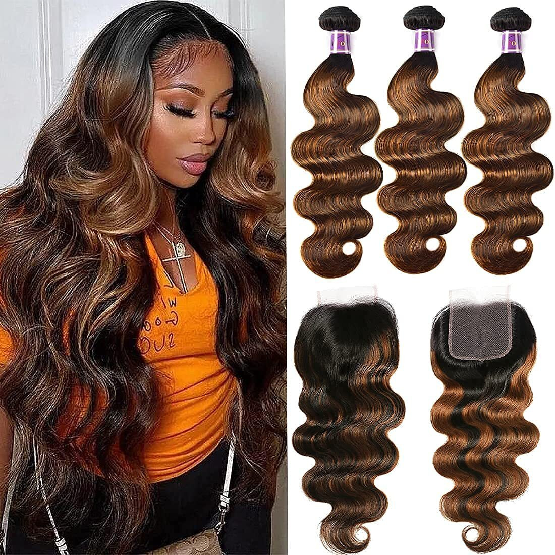 Unice Brown Highlight Body Wave Human Hair 3 Bundles With 4X4 Lace Closure Free Part, Brazilian Remy Hair Ombre Human Hair Wavy Weaves Fb30 Color 22 24 24+20 Closure